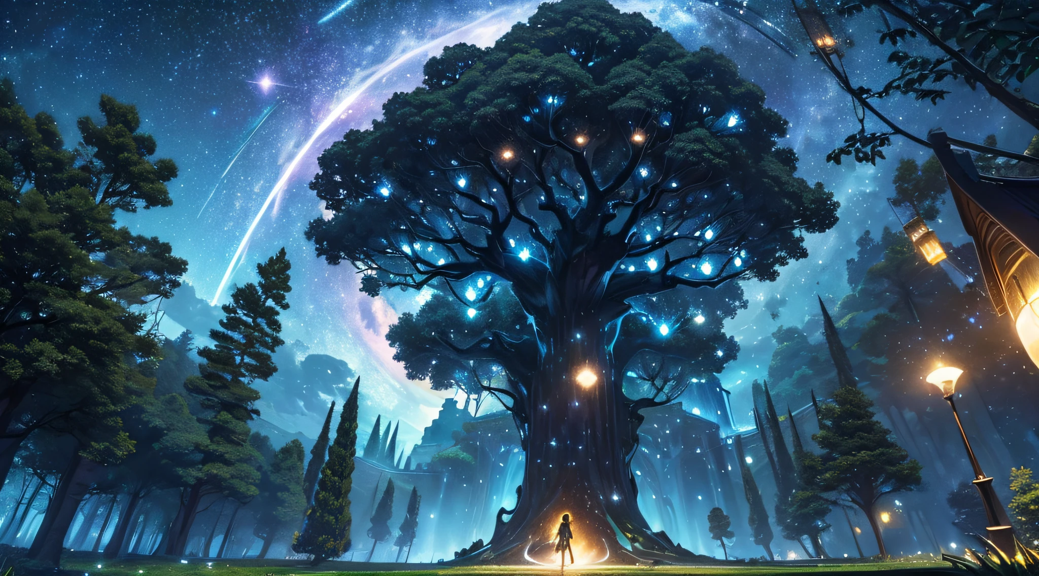 ​masterpiece、Background with((Fantastic starry sky、meteors、black hole))、Depth((Huge mysterious giant tree、Tree House、It emits yellow light、plants))、a beauty girl、onepiece、Rear view、