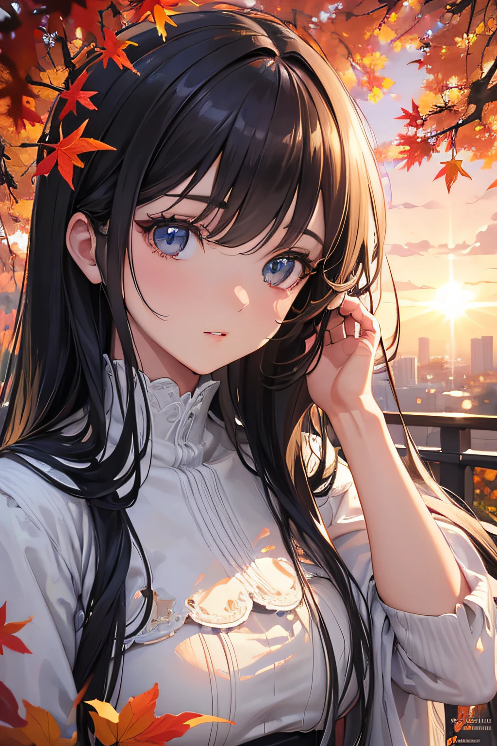 (best quality,4k,8k,highres,masterpiece:1.2),ultra-detailed,(realistic,photorealistic,photo-realistic:1.37),HDR,UHD,studio lighting,ultra-fine painting,sharp focus,physically-based rendering,extreme detail description,professional,vivid colors,bokeh,girl,beautifull,detailed eyes,detailed lips,extremely detailed eyes and face,long eyelashes,stairway,perspective,autumn,portrait,fall colors,subtle lighting,soft shadows,evoking tranquility,fashionable outfit,graceful pose,natural background,sunlit leaves,windblown hair,glowing sunset hues,depth of field,crisp details,unique composition