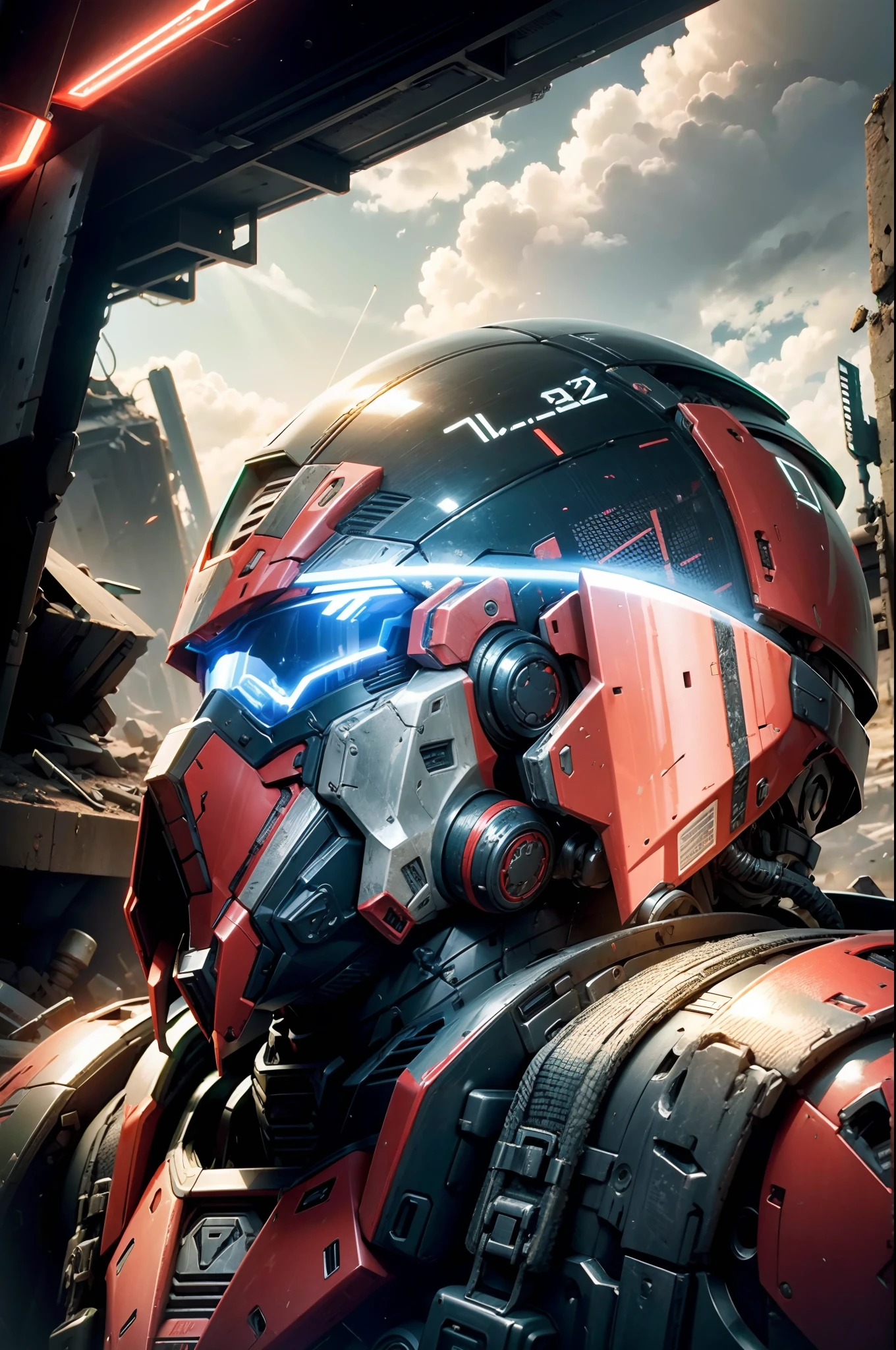 (Futuristic:1.4), Unidade de Busca e Salvamento,1 androide masculino, Searching in ruins with scanning devices, ((futuristic armor AND tactical helmet)), ((PLANETA VERMELHO no fundo)) , UHD, master part