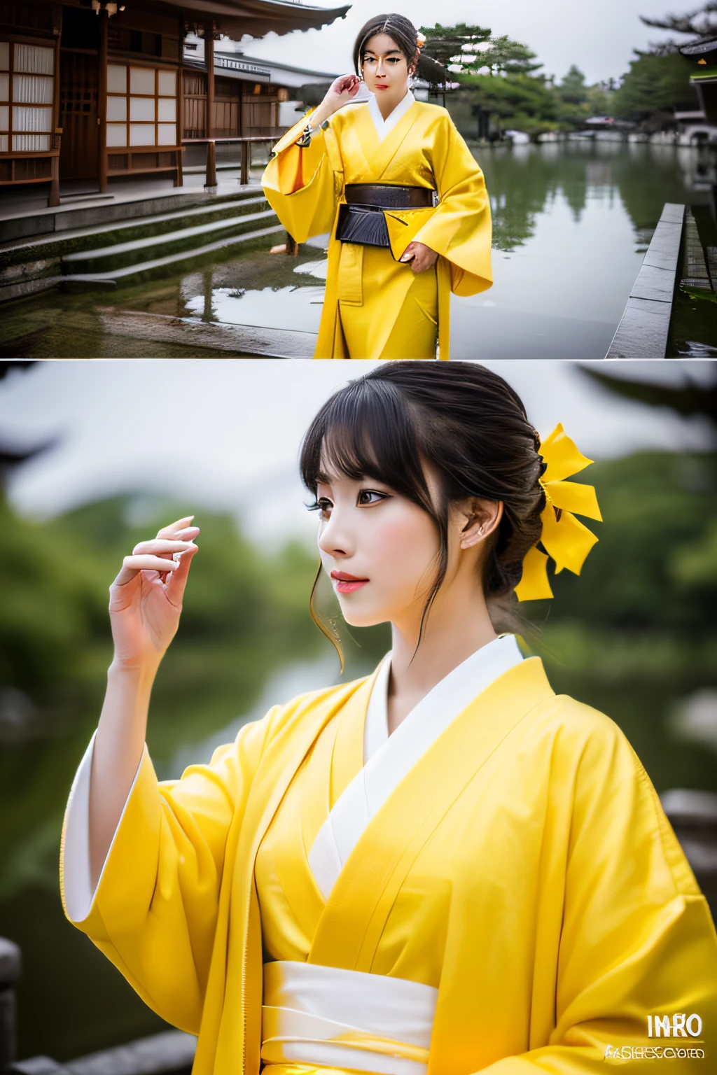 ( (in 8K:1.27)、top-quality、masterpiece、超A high resolution:1.2) Photos of beautiful Japan women、bustup (Beautiful fece:1.1)、Dramatic light、Shrine in yellow kimono