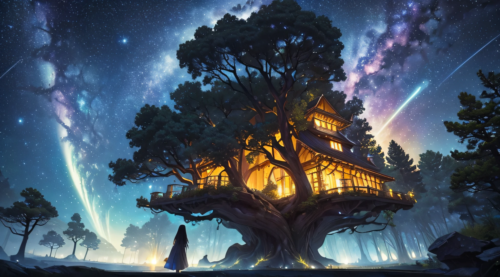 masterpiece、Background with((Fantastic starry sky、meteors、black hole))、Depth((Huge mysterious giant tree、Tree House、It emits yellow light、plants))、a beauty girl、onepiece、Rear view、