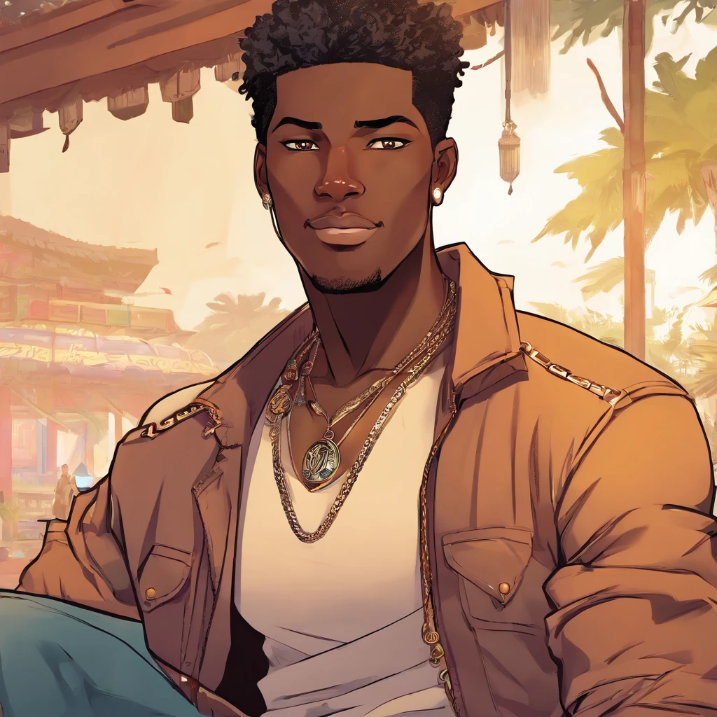 a close up of a dark skin person wearing a brown jacket((jaguar spotted texture)), white tank top underneath jacket, dark gray jeans with a black belt on his waist,He also wears two golden chain necklace in his neck and a long necklace with three black rounded pendants at the center. African American character in tekken, dark green eyes, undercut hairstyle, half body close-up shot, male character, singlehighly detailed exquisite fanart, anime portrait of a handsome man, high quality portrait, detailed character art, full art illustration, human male character art, highly detailed character design, male character design