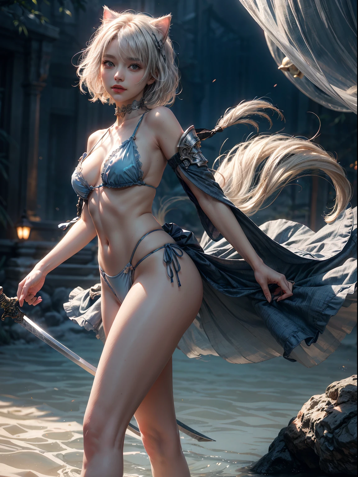 anatomically correct, textured skin, high details, 8k, 1girl, (platinum hair:1.3), (catgirl:1.1), cat ears, real tail, add_detail, masterpiece, micro bikini under translucent armor, ready to fight, armed, blue sword, in a deep dungeon, smiling, translucent armor, fighting pose, sword drawn, gravure, aroused, excited, looking at camera, fine fabric detail, (masterpiece:1.2), (best quality:1.2), (extremely detailed:1.2), (extremely detailed face), (ultra detailed), 8k,Niji Pride, large translucent round jellyfish bra, large breasts, translucent leg armor, translucent round jellyfish panties, translucent round jellyfish head cover, thick thighs, bbw, translucent round jellyfish on each breast, translucent round jellyfish on crotch, translucent round jellyfish on each shoulder, translucent round jellyfish covering head,octane render, hdr, (hyperdetailed:1.15), (soft light, sharp:1.2), beautiful, realistic,1 woman mature, feminine, tall, short hair, beautiful, eyes with fine details, look at the viewer, beautifully curved, guweiz, demon_wings