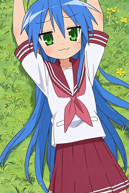 lucky star, masterpiece, best quality, 1girl, mole under eye, mole, ryouou school uniform, solo, school uniform, serafuku, long hair, green eyes, blue hair, parody, :3, ahoge, lying, on back, arms up, on grass, konata izumi, spread arms,