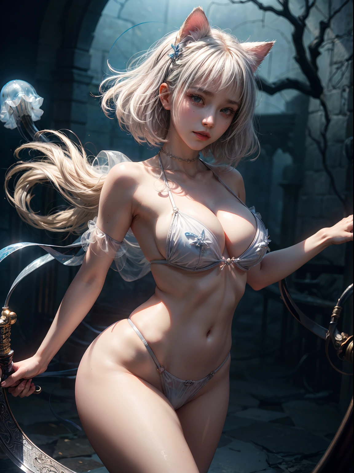 anatomically correct, textured skin, high details, 8k, 1girl, (platinum hair:1.3), (catgirl:1.1), cat ears, real tail, add_detail, masterpiece, micro bikini under translucent armor, ready to fight, armed, blue sword, in a deep dungeon, smiling, translucent armor, fighting pose, sword drawn, gravure, aroused, excited, looking at camera, fine fabric detail, (masterpiece:1.2), (best quality:1.2), (extremely detailed:1.2), (extremely detailed face), (ultra detailed), 8k,Niji Pride, large translucent round jellyfish bra, large breasts, translucent leg armor, translucent round jellyfish panties, translucent round jellyfish head cover, thick thighs, bbw, translucent round jellyfish on each breast, translucent round jellyfish on crotch, translucent round jellyfish on each shoulder, translucent round jellyfish covering head,octane render, hdr, (hyperdetailed:1.15), (soft light, sharp:1.2), beautiful, realistic,1 woman mature, feminine, tall, short hair, beautiful, eyes with fine details, look at the viewer, beautifully curved, guweiz, demon_wings