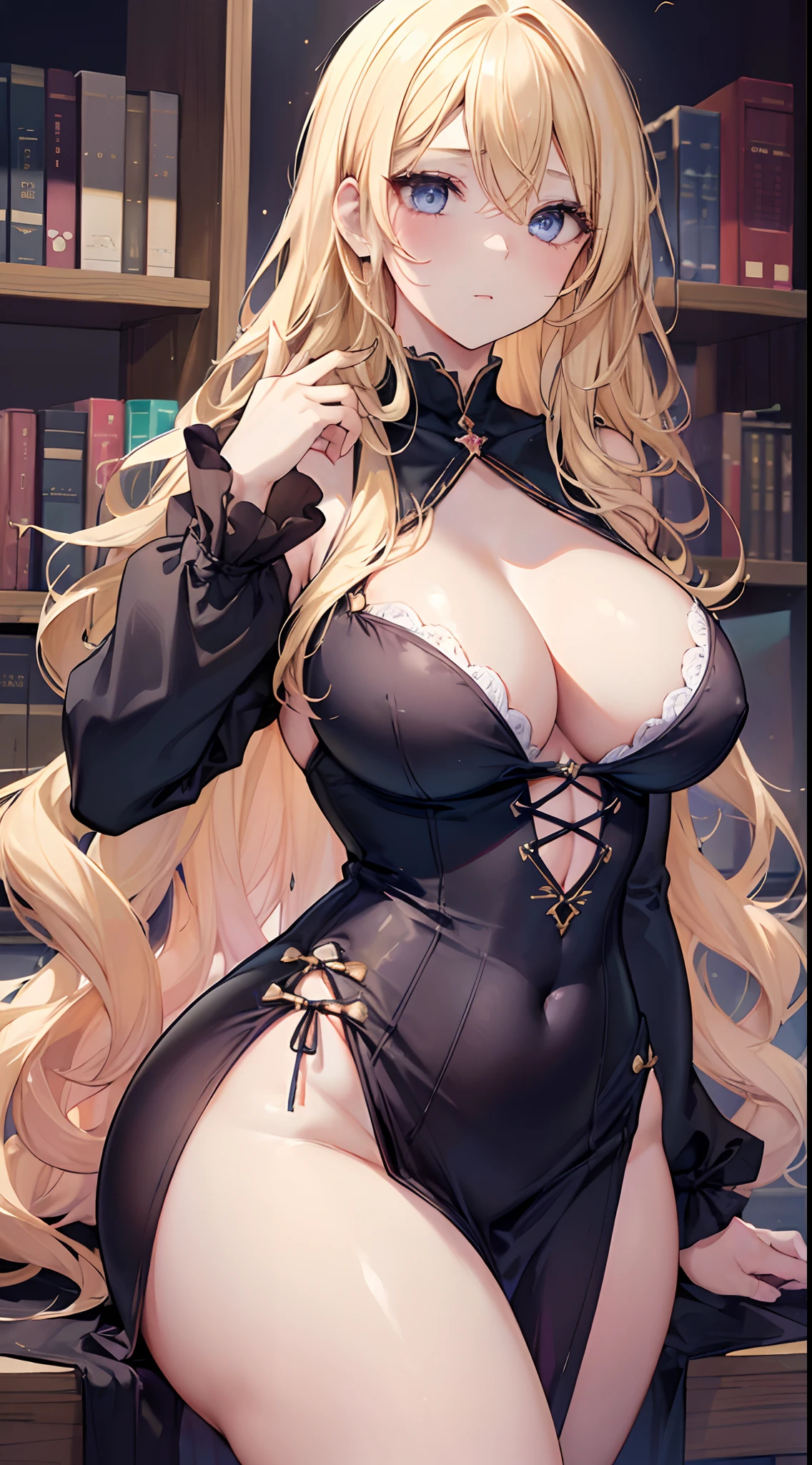 large full breasts, ((1 Beautiful Witch)), ((Blonde hair, long wavy hair with bangs,,,)) (((1 witch, Soio))) )) ((20yr old)) blue eyes, Have a very sexy body, Full chest and narrow waist, And a very sexy body, Medieval dress European ruffled dress Elegant long sleeve blouse with slightly open chest, Delicate fabric neckline, Has a bold look, thick and dense makeup. 年轻, qulity, Realistic, fantastic quality, Poses, ((((face perfect)))) Gentle expression, Soft lips, Calm expression, House of Scary Witch Sitting On Old Torn Sofa, Magic, magia, Boiling cauldron, Spell recitation, spell book, Bookcase full of cobwebs, Beautiful and perfect legs, Clean and perfect hands, (wide hips:1.5), (big buttocks:1.5), (thick thighs:1.5), (small waist:1.5), (gigantic breasts:1.5)
