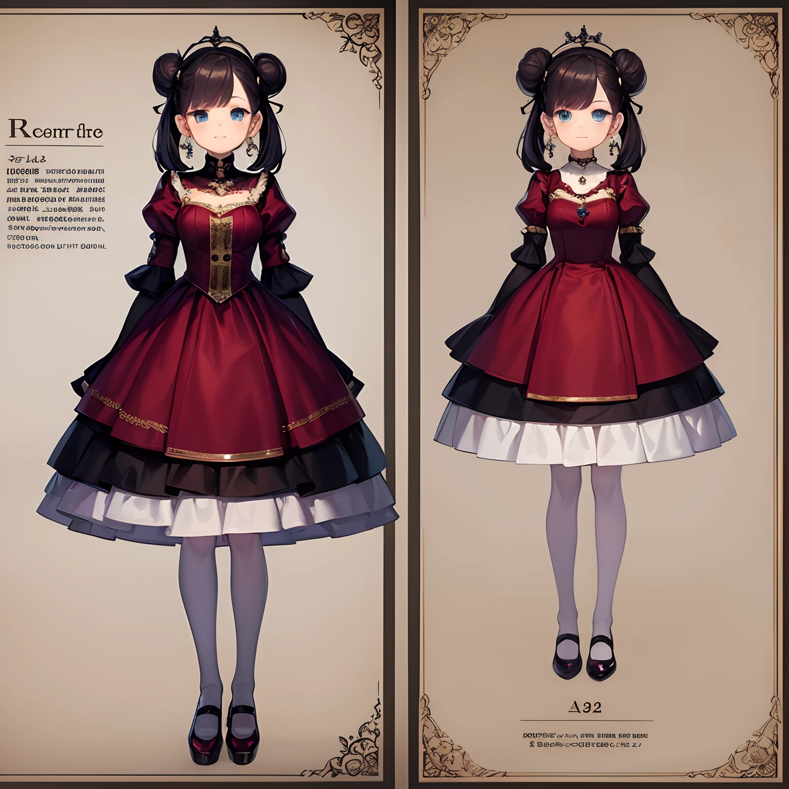 Reference sheet for a cute girl from a rich family, drawn in anime style, childlike, Black donut bun hair, hair pins, blue eyes, Earrings, red victorian gown with puffy sleeves, mary jane shoes, white stockings, makeup, gold necklace with diamond, high quality, highly detailed, 4K.