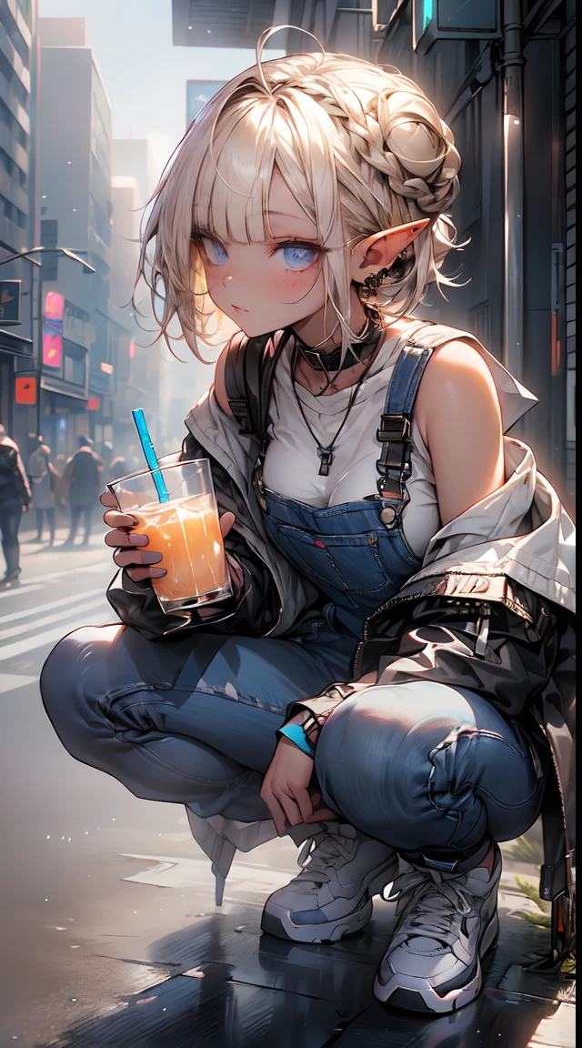 (1elf girl), (beauty elf girl), (ultra-high picture quality), masterpieces, casual scene, squatting beside a mini market, relaxed vibe, holding a beverage, She's dressed in a trendy techwear outfit, perhaps a stylish jacket and jeans, with comfortable sneakers, sunlight casting warm tones, street ambiance, urban setting, .Perfect body, (E-cup:1.2), overalls, light smile, fresh, (asymmetrical bangs:1.3), (artoria style Braid Bun), short hair, highly detailed face and eyes, Perfect lips, (white blonde hair, Deep Blue Eyes:1.2),cyberpunk, sci-fi, (tech wear is pinky colour), digital art, Aesthetic, Cinematic Lighting, by Yusuke Murata.