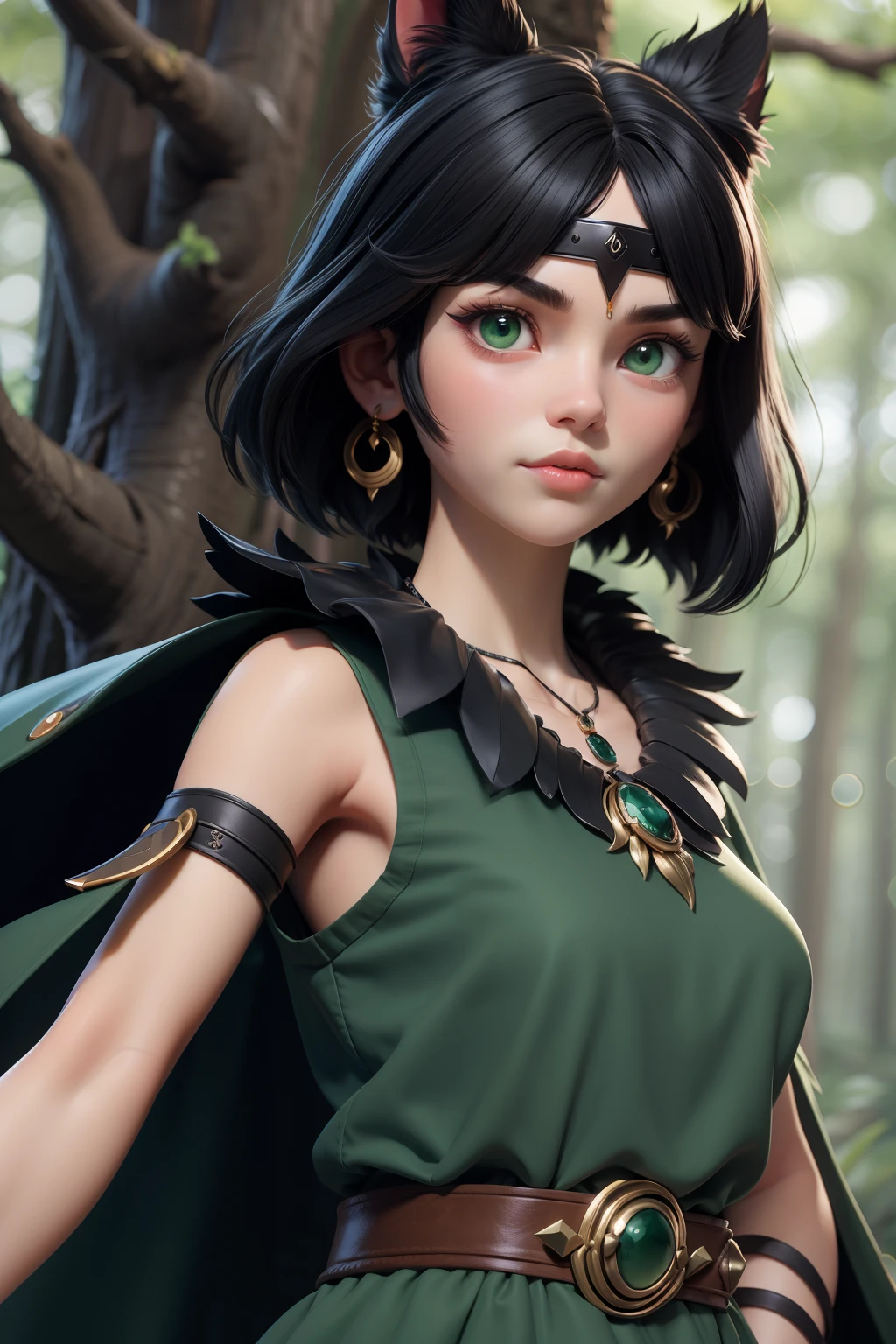 mj3d style,3dmm,3d,(masterpiece, best quality:1.1), ghibli style, san \(mononoke hime\), 1girl, armlet, bangs, black hair, black undershirt, breasts, cape, circlet, earrings, facepaint, floating hair, forest, fur cape, green eyes, jewelry, looking at viewer, medium breasts, nature, necklace, outdoors, parted bangs, shirt, short hair, sleeveless, sleeveless shirt, solo, tooth necklace, tree, upper body, white shirt