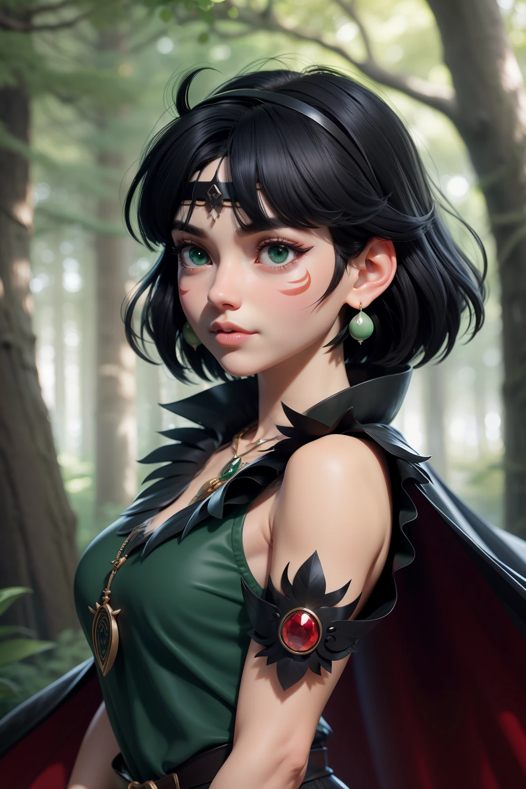 mj3d style,3dmm,3d,(masterpiece, best quality:1.1), ghibli style, san \(mononoke hime\), 1girl, armlet, bangs, black hair, black undershirt, breasts, cape, circlet, earrings, facepaint, floating hair, forest, fur cape, green eyes, jewelry, looking at viewer, medium breasts, nature, necklace, outdoors, parted bangs, shirt, short hair, sleeveless, sleeveless shirt, solo, tooth necklace, tree, upper body, white shirt
