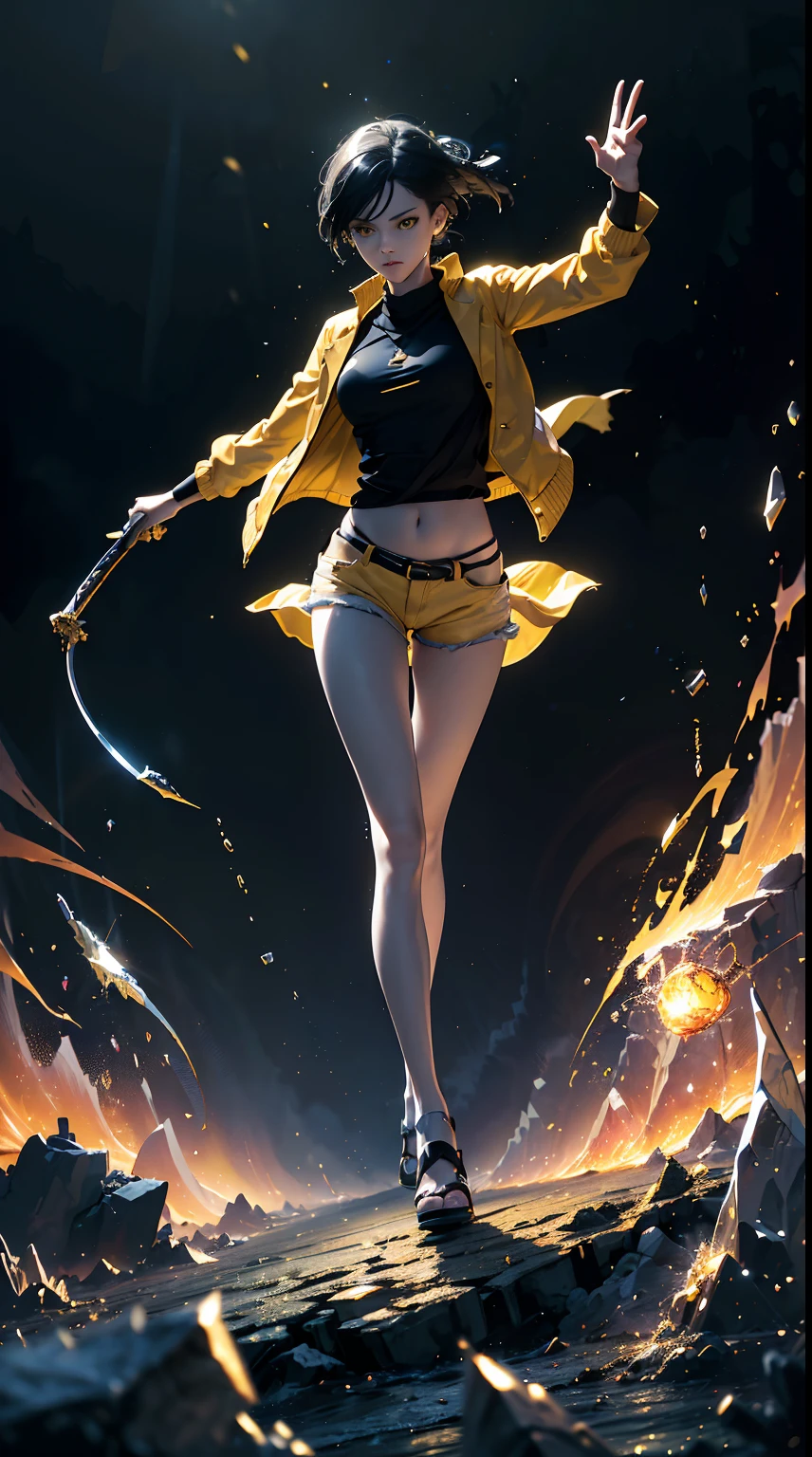 Man, elegant pose, Baddas stare,Hold a yellow sword with a yellow lightning emblem, yellow short wispy Pixie hair, yellow eyes, yellow short shirt, black hotpants jeans, black Jacket sweater ,In the middle of the shirt there is an omega symbol,HD lighting and dark )<=(epic image quality)dark atmosphere with bright particle light(many effects in background)