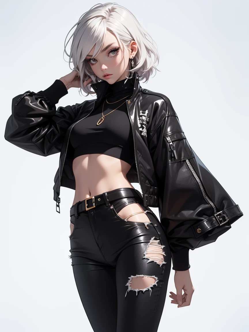 black skirt, photorealistic, high resolution, 1 girl, gray hair, korean, heterochromic eyes, small moles under the eyes,