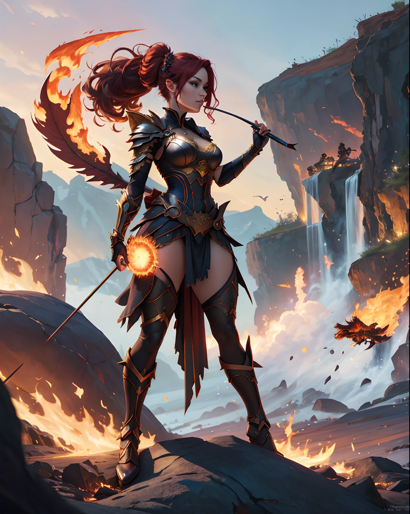 a close up of a person with a bow and a bow, lava and fire goddess, flame conjuring armored, fire mage, fire demon, black fire color reflected armor, appears as the fire goddess, infernal nymph, infernal nymph!!!, fire elemental, painted in the style arcane, the fire queen, polycount contest winner, flames surround her, deviantart, gouache, hyperrealism, lens flare, flickering light, aetherpunk, deep color", trending on artstation, in the style of Artgerm, Arthur Suydam, Alex Maleev, Shintaro Kago, Gil Elvgren, Greg rutkowski, dark color palette, amazing shading, masterpiece, 4k, intricate detail

illustration, painting, drawing, art, sketch