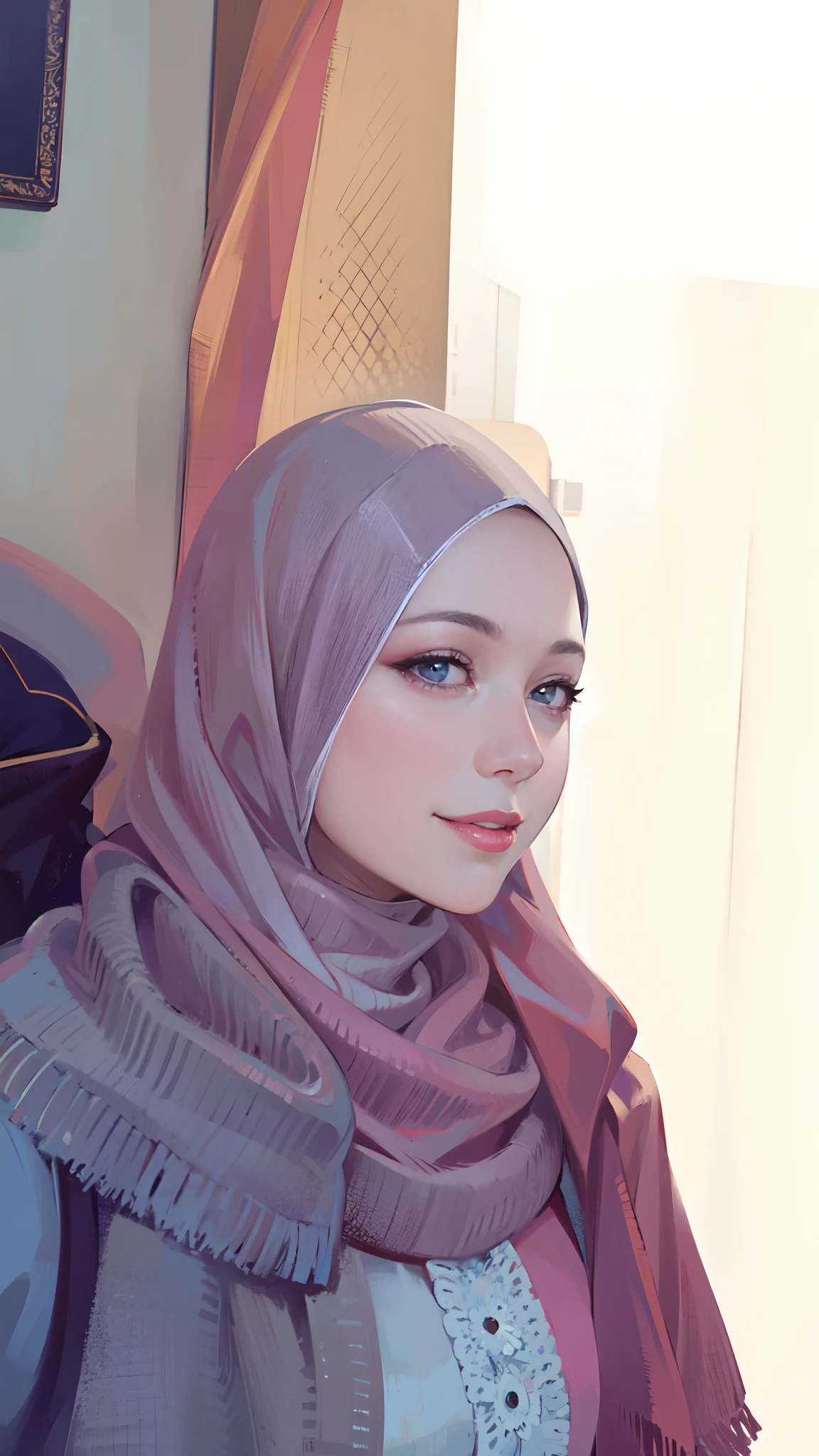 Pretty sexy woman, in a hijab, medium size breasts, high quality,4k, brown eyes, 40 years old, Milf, Seductive smile, perfect skin, blushing, pre cum, shine skin perfect skin,