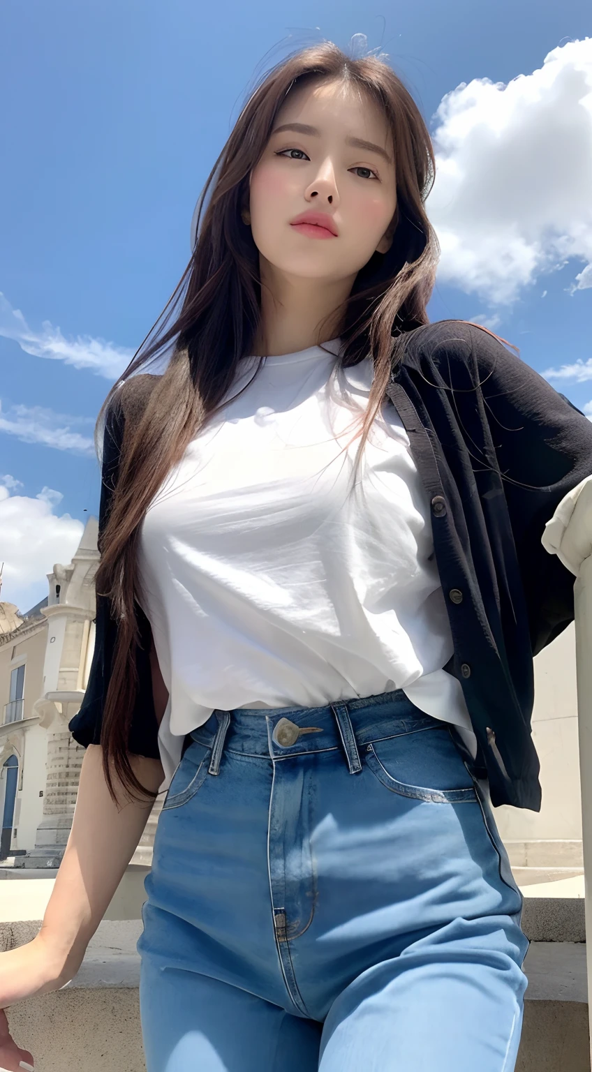 (daytime, Excellente, 8k, Masterpiece:1.3)), corps entier, longues jambes, Focal: 1.2, Perfect Body Beauty: 1.4, Abdominaux minces: 1.1, ((dark brown hair, gros seins: 1.2 )), (T-shirt blanc maigre, Bretelles en denim, debout: 1.2), ((ville, ciel bleu et nuages blancs: 1.3)), very detailed face and skin texture, detailled eyes, 双眼皮, Voler cheveux longs