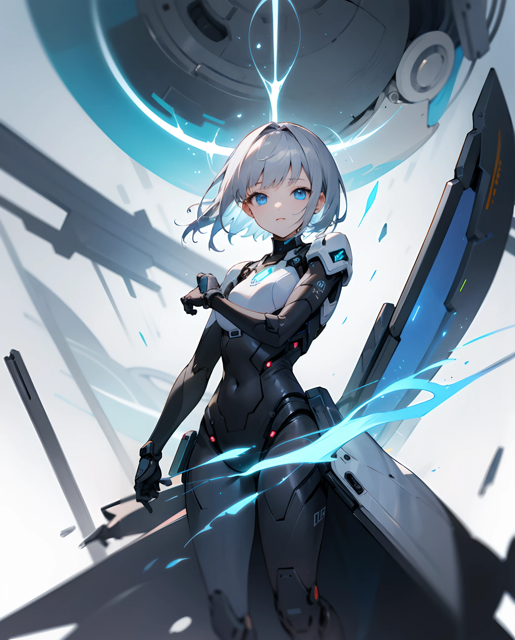 robot girl looking at herself in a mirror, shattered crystals around, white background, white floor, pilars on background, latex body