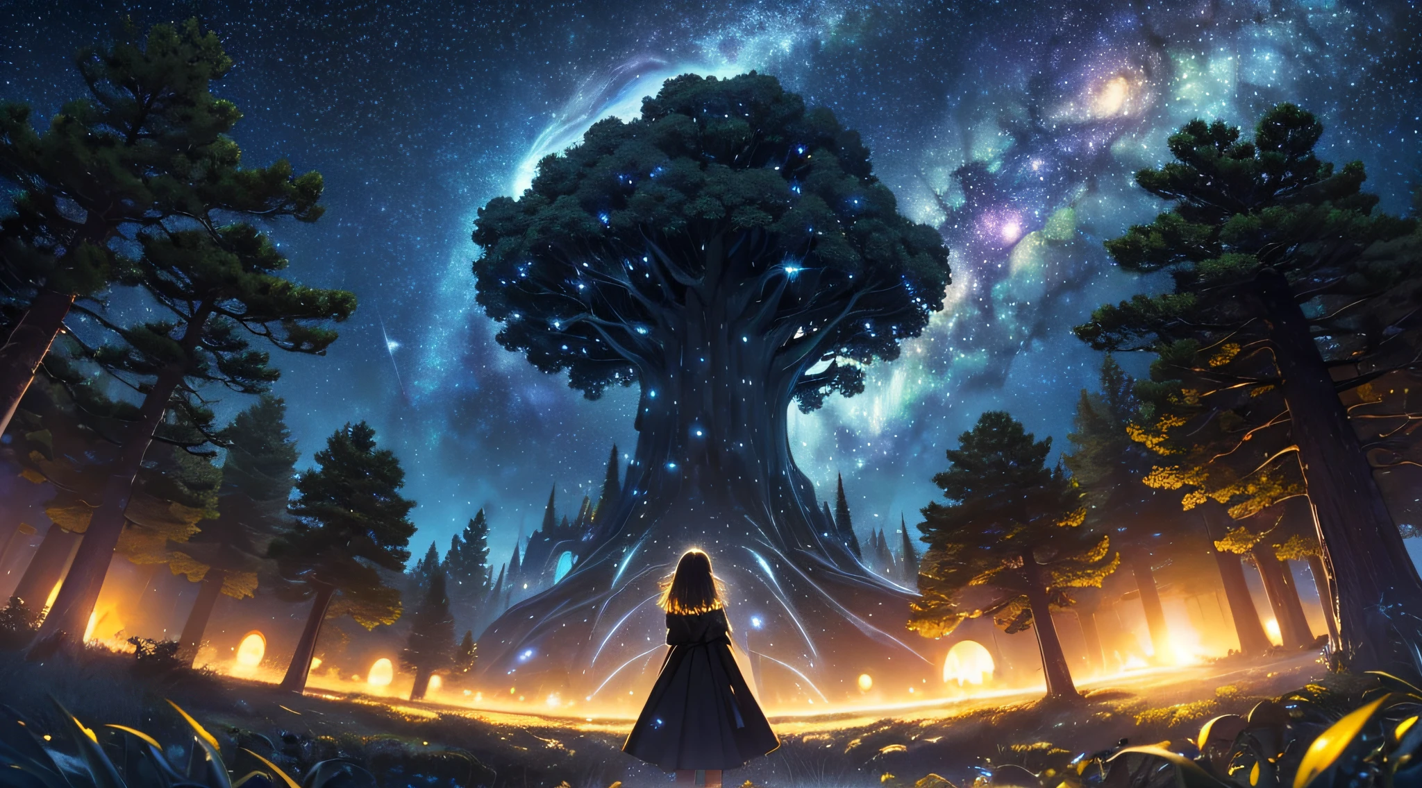 masterpiece、Background with((Fantastic starry sky、meteors、black hole))、Depth((Huge mysterious giant tree、It emits yellow light、plants))、a beauty girl、onepiece、Rear view、