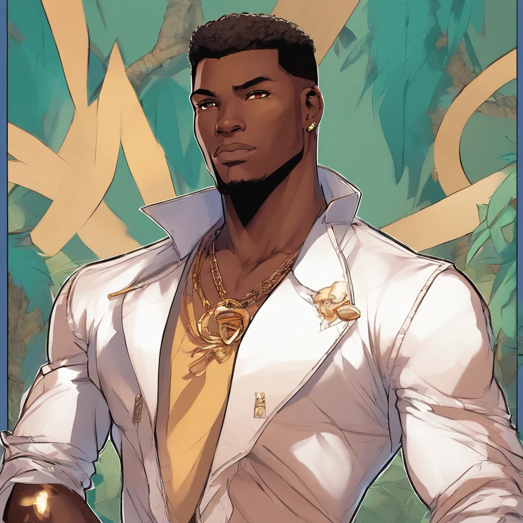 a close up of a dark skin person wearing a brown jacket((jaguar spotted texture)), white tank top underneath jacket, dark gray jeans with a black belt on his waist,He also wears two golden chain necklace in his neck and a long necklace with three black rounded pendants at the center. African American character in tekken, dark green eyes, undercut hairstyle, half body close-up shot, male character, singlehighly detailed exquisite fanart, anime portrait of a handsome man, high quality portrait, detailed character art, full art illustration, human male character art, highly detailed character design, male character design