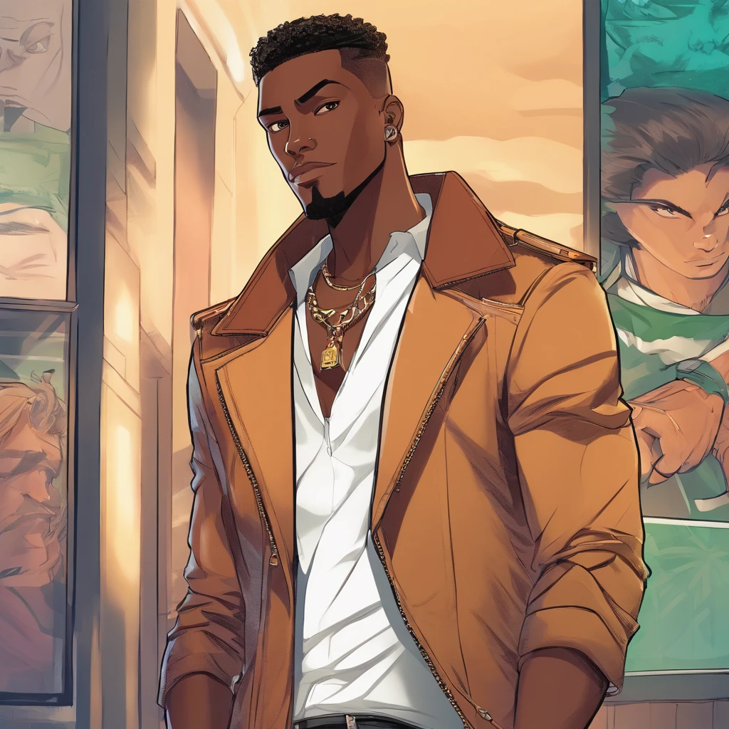 a close up of a dark skin person wearing a brown jacket((jaguar spotted texture)), white tank top underneath jacket, dark gray jeans with a black belt on his waist,He also wears two golden chain necklace in his neck and a long necklace with three black rounded pendants at the center. African American character in tekken, dark green eyes, undercut hairstyle, half body close-up shot, male character, singlehighly detailed exquisite fanart, anime portrait of a handsome man, high quality portrait, detailed character art, full art illustration, human male character art, highly detailed character design, male character design