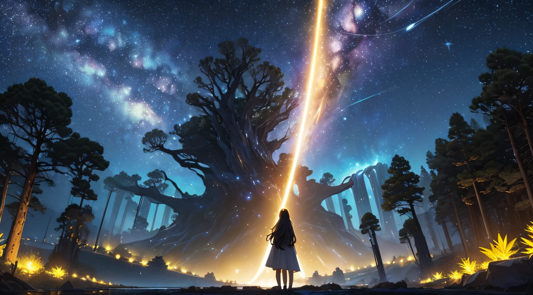 masterpiece、Background with((Fantastic starry sky、meteors、black hole))、Depth((Huge mysterious giant tree、It emits yellow light、plants))、a beauty girl、onepiece、Rear view、