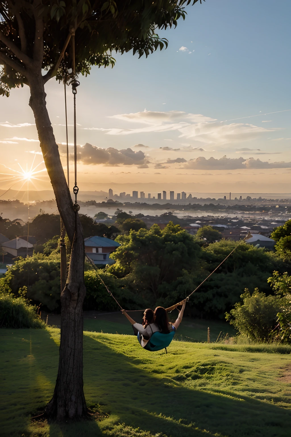 crie uma paisagem em que: tenha uma cidade de fundo, levemente desfocada, com um por do sol sobre si, and in another plane a tree with a swing in emphasis