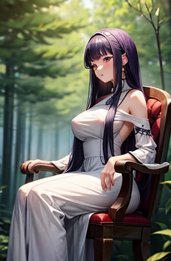 nsfw.hem of a long dress lift:1. A picture. There is one woman. She has a round face. Her height is 170cm and BMI is 25. Her hair is purple. Her hair is long with straight bangs. She has normal breasts. She is sitting in a wood chair in the woods. She is wearing a white long summer dress.