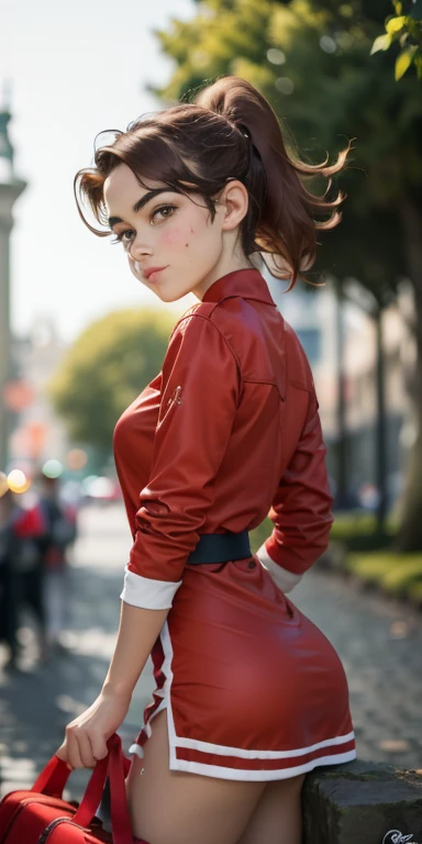 Photo of a 15-year-old European girl, .RAW, beautiful woman, (Light brown hair with ponytail hairstyle ), peinado de cola de caballo ((retrato)), ((Cara detallada:1.2)), ((Detailed facial features)), (Piel finamente detallada), Pale skin , con pecas en mejillas y pecho ,parque, Noria de Londres、lindo vestido rojo largo con escote , 、senos grandes , pechos grandes , usando zapatillas, gran sonrisa (cool color), humid, humid, Reflectores, (Masutepiece) (proporciones perfectas)(fotos realistas)(La mejor calidad) (Detallado) fotografiado con una EOS R5 de Canon, Lente de 50 mm, f/2.8, NffSW, (8k) (papel tapiz) (cinematic lighting) (Dramatic lighting) (foco nítido) (Enrevesado) , parque , cuerpo completo, hermoso cuerpo de mujer , posing for camera, sentada en banca , waving at the camera
