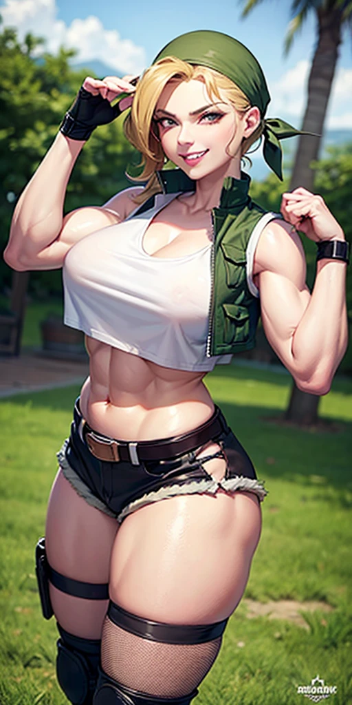 masterpiece, best quality, outdoors, on grass, grass,
cosmieyes, reflection, brown eyes, colored eyelashes, eyelashes,
eridef, 1girl, solo, looking at viewer, blonde hair, vest, bandana, breasts, shorts, navel, midriff, crop top, belt, short shorts, hat, knee pads, large breasts, abs, muscular, smug, muscular arms, muscular, very muscular, very muscular arms, large muscles, super muscular, huge breasts, giant breasts, gigantic breasts, slim waist, muscular midriff, smug, smirk, evil grin, goth, fishnets, dark clothes, black clothes, black lipstick, cleavage, fishnet pantyhose, pantyhose