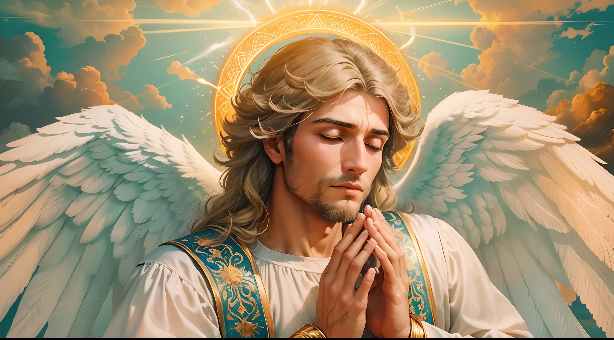 Closeup of an image of a man angel praying and blessing, arcanjo homem com asas grandes, o anjo da fortuna, perfeito, Reslistic, Biblical setting, celestial scenery, sol e nuvens ultras realistas, flores e velas, illuminated archangel of heaven, Passes em segundo plano, flores coloridas, velas acesas, roupas brancas e vermelhas