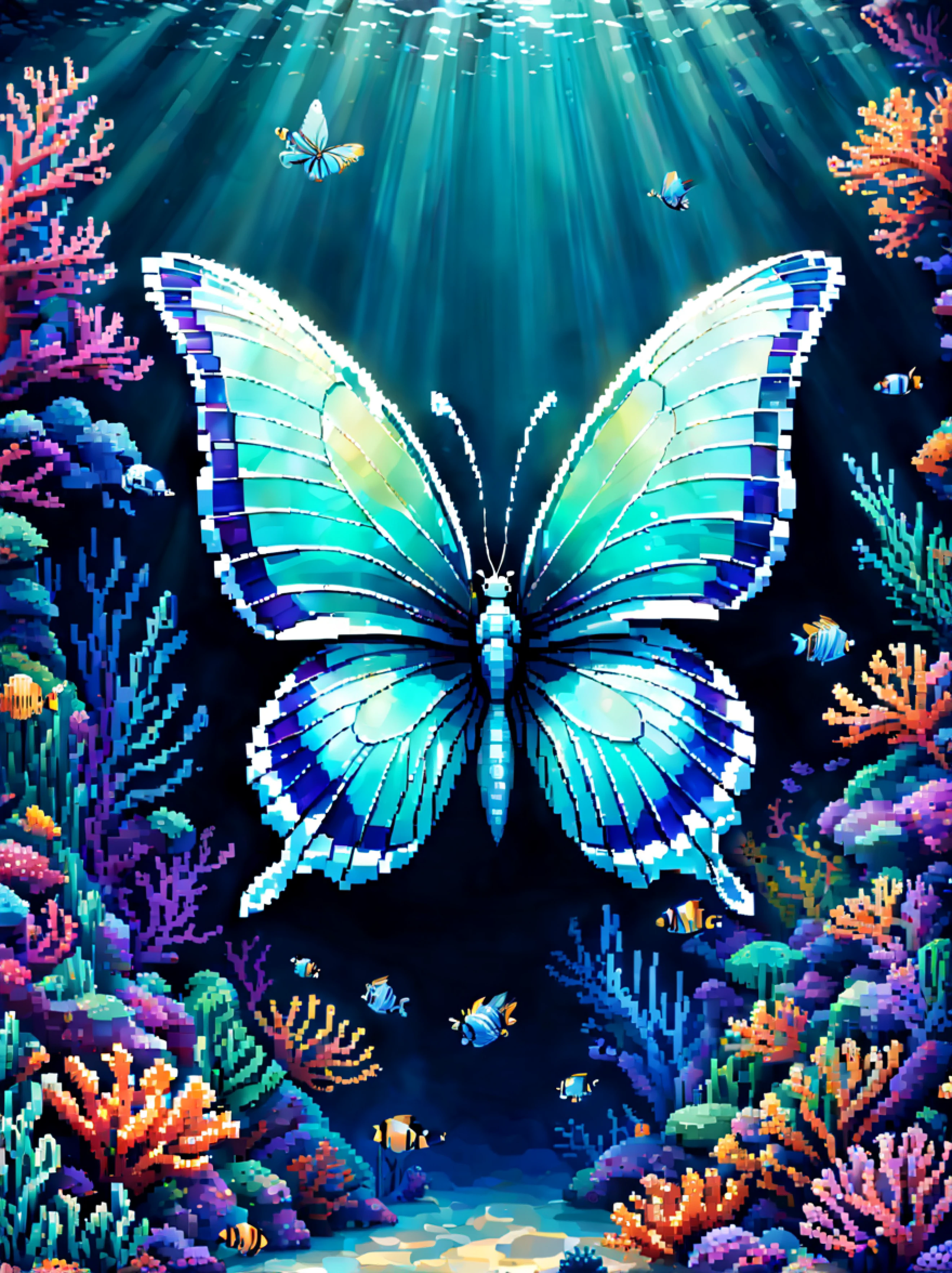 (pixel art:1.3) imagine an extraordinary underwater world where a mesmerizing underwater butterfly gracefully glides through the depths, picture this enchanting being with translucent delicate wings that mimic the shimmering hues of the ocean, its wingspan is adorned with iridescent patterns reminiscent of coral reefs and sea plants reflecting the vibrant colors of marine life