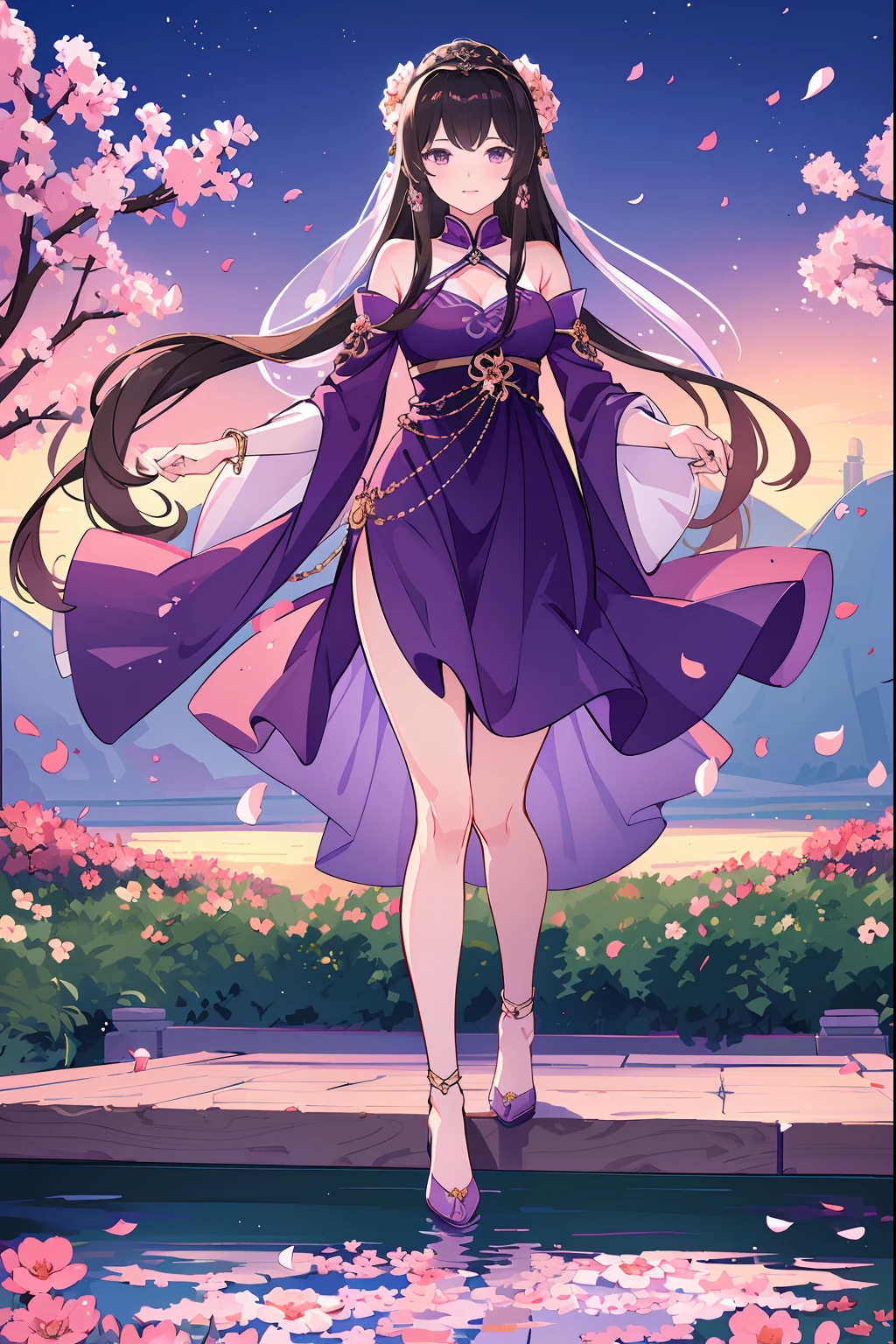 (Best quality,A high resolution,Clear image:1.2),Ultra-detailed background,Beautiful woman,standing on your feet，Purple dress，Chinese style clothes,Delicate petals,Garden scene,Under the moonlight,Romantic atmosphere,Dutch Angle Shot,Soft lighting,shelmet