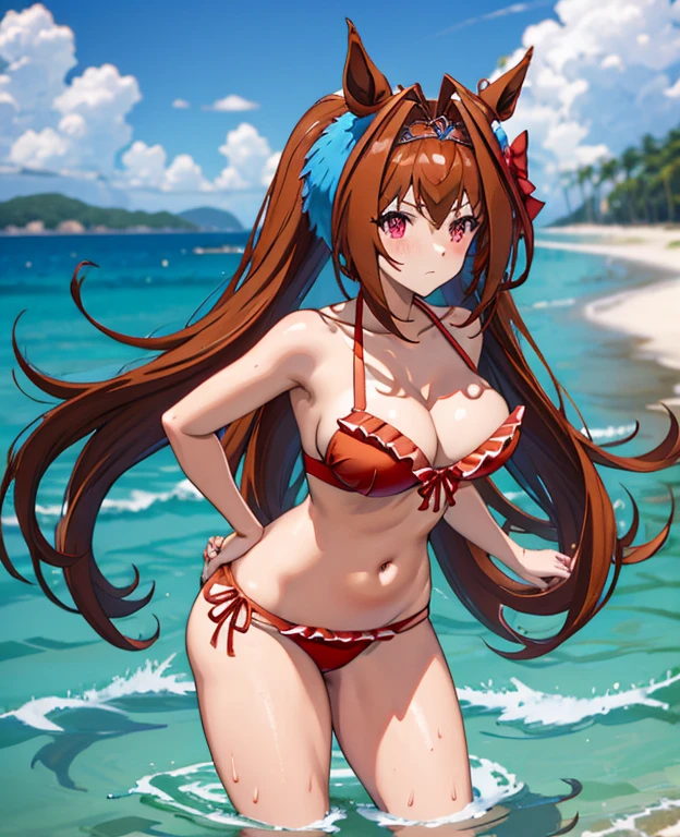 Brown hair、Hair intake、Akame、Long、Twin-tailed、Animal ears、Uma Musume、Daiwa Scarlet、White background、1girl in、Twin-tailed、Solo、red bikini、swim wears、Large breasts、blush, feel shy、cleavage, 鎖骨,simple background、DaiwaScarlet/(umamusume/)、standing with hand on her hip、upper bod、Looking at Viewer、portraitures