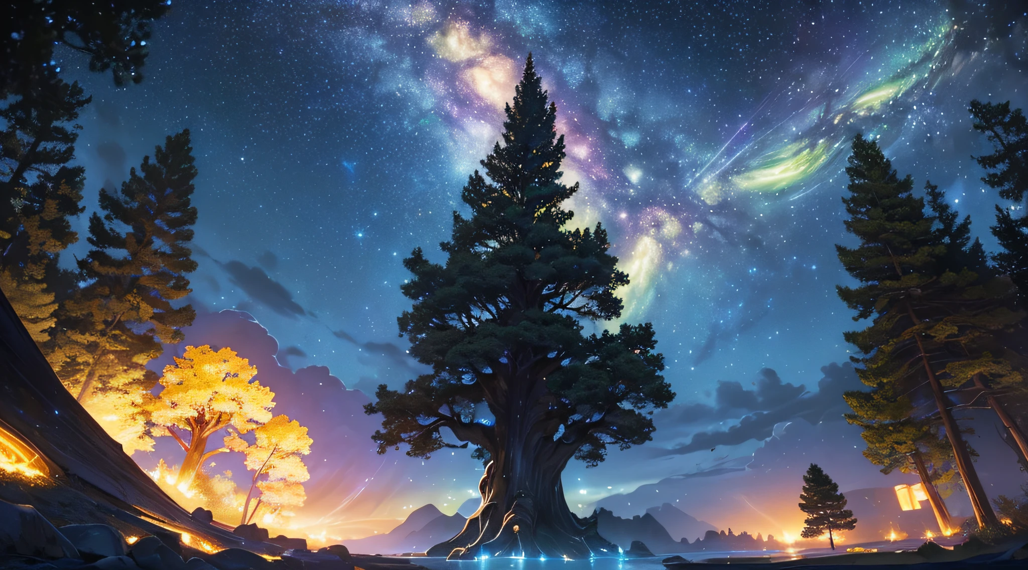 masterpiece、Background with((Fantastic starry sky、meteors、black hole))、Depth((Huge mysterious giant tree、It emits yellow light、plants))、a beauty girl、onepiece、Rear view、