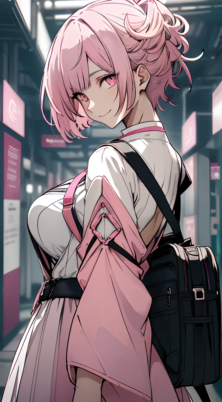 Full body, White one-piece uniform,(masutepiece:1.2, Best Quality), (finely detailed beautiful eye: 1.2), (beautifull detailed face), High contrast, (Best Illumination, extremely delicate and beautiful), ((Cinematic Light)), Dramatic light, Intricate details,red eyes, very Bigger breasts, Belt under the chest, White sailor suit, White skirt,pale gray hair, (pink back ground:1.5), Short-cut hair, accurate hands, Look at me and smile, ruddy skin, hi-school girl,