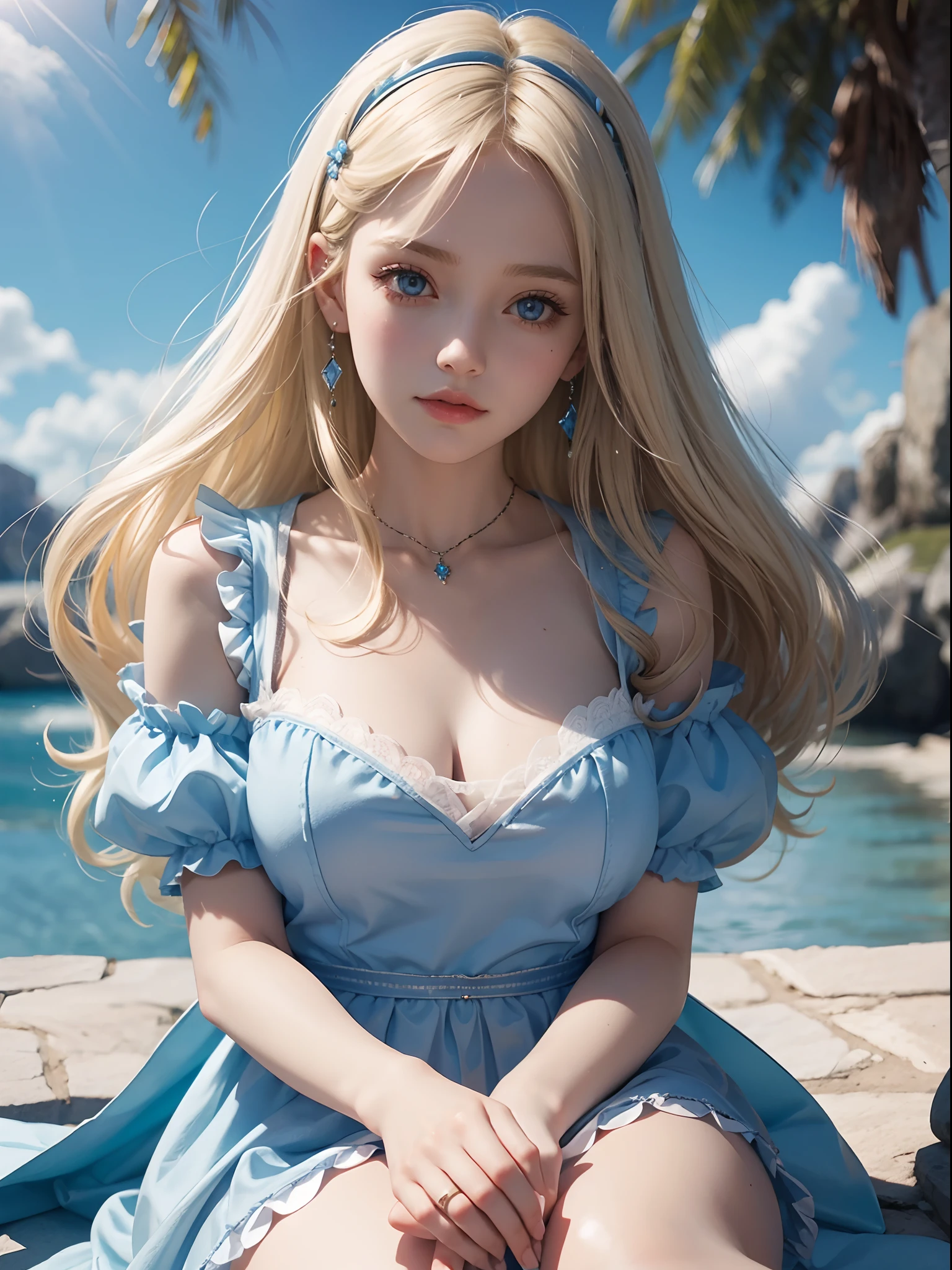 portlate、Alice in Wonderland、Blue sky、Bright and very beautiful face、Young shiny shiny white shiny skin、Best Looks、The most beautiful bright blonde hair in the world、finer hair、Super long silky straight hair、Beautiful bangs that shine、Glowing crystal clear big blue eyes、Very beautiful lovely 16 years old most beautiful girl in the world、White Apron、Blue Dress、large full breasts
