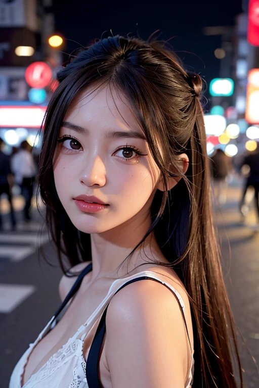 1girl, Tokyo street, noite, paisagem urbana, luzes da cidade, parte superior do corpo, close-up, 8k, foto RAW, melhor qualidade, obra-prima, realista, foto-realista, giselle do aespa