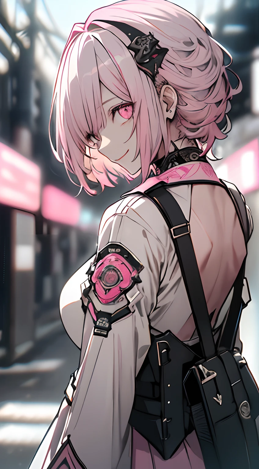 (masterpiece), (best quality), (high res), ((((Solo)))), (perfect anatomy), (young girl (), fair skin, pink hair (shoulder length), green eyes, (school uniform), white shirt, red tie, black jacket, short black mini skirt, tired, (((flat chest))), in a futuristic setting with a green light, annoyed, cyberpunk, (drinking water), best anime 4k, cybersuits, in her school, (at night), (night), ((((alone))))