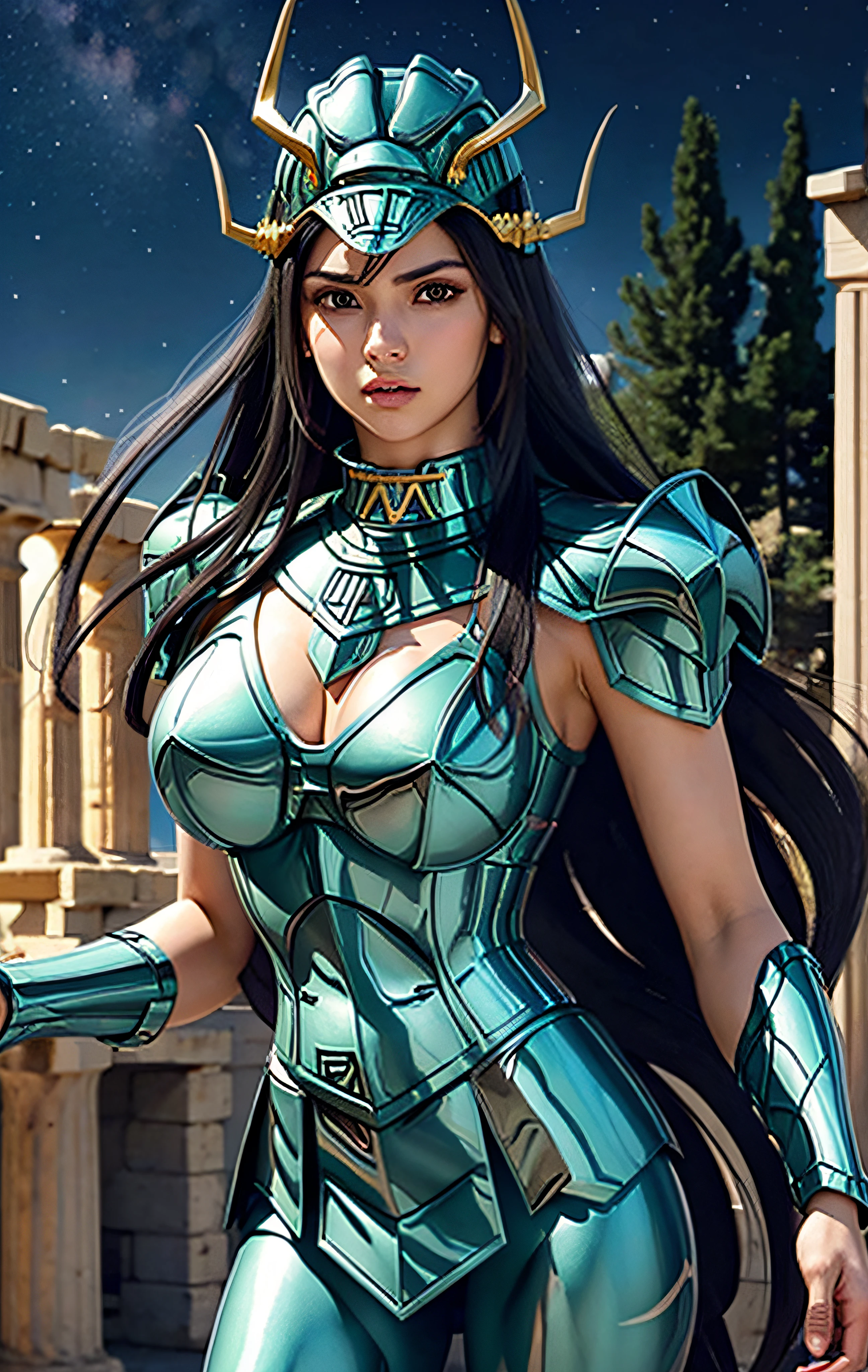 masterpiece, best quality, ultra high res, realistic skin texture, armature, (photorealistic:1.4), high resolution, raw photo, shiny skin, realistic skin texture, best lighting, sparkle, dramatic lighting, dynamic pose, (greek temple background:1.3), night sky, cosmos, milky way, 1girl, (medium breast:1.1), balanced eyes, Dragon Shiryu wearing green silver armor, purple pants, purple short sleeve shirt, wearing dragon helmet, roman skirt plate, (breast plate:1.5), very long hair, shield, cleavage,