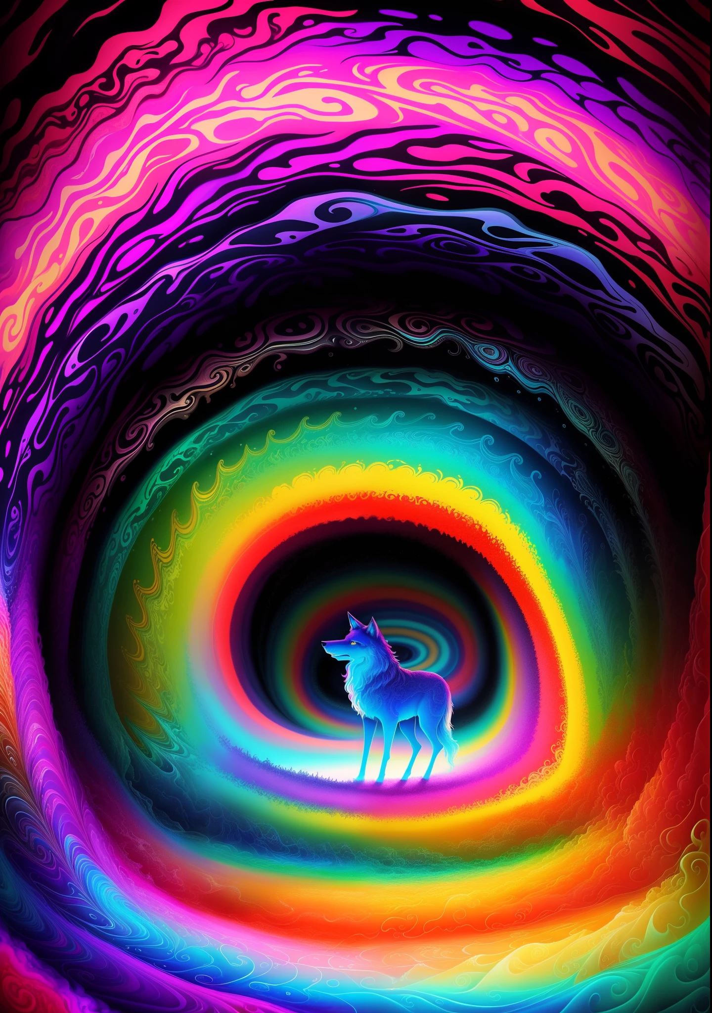 (Psychedelic painting of a wolf standing in front of a colorful whirlpool), light and shadow, waves, multilayers, foreground, distant vision, fractal Thunder Dan Mumford, Dan Mount Ford and Alex Gray style, psychedelic surreal art, surreal psychedelic design, fantasy art style, psychedelic illusion art, infinite psychedelic waves, inspired by Cyril Rolando, Real ripple structure, psychedelic art style, psychedelic art, psychedelic illustration--V6