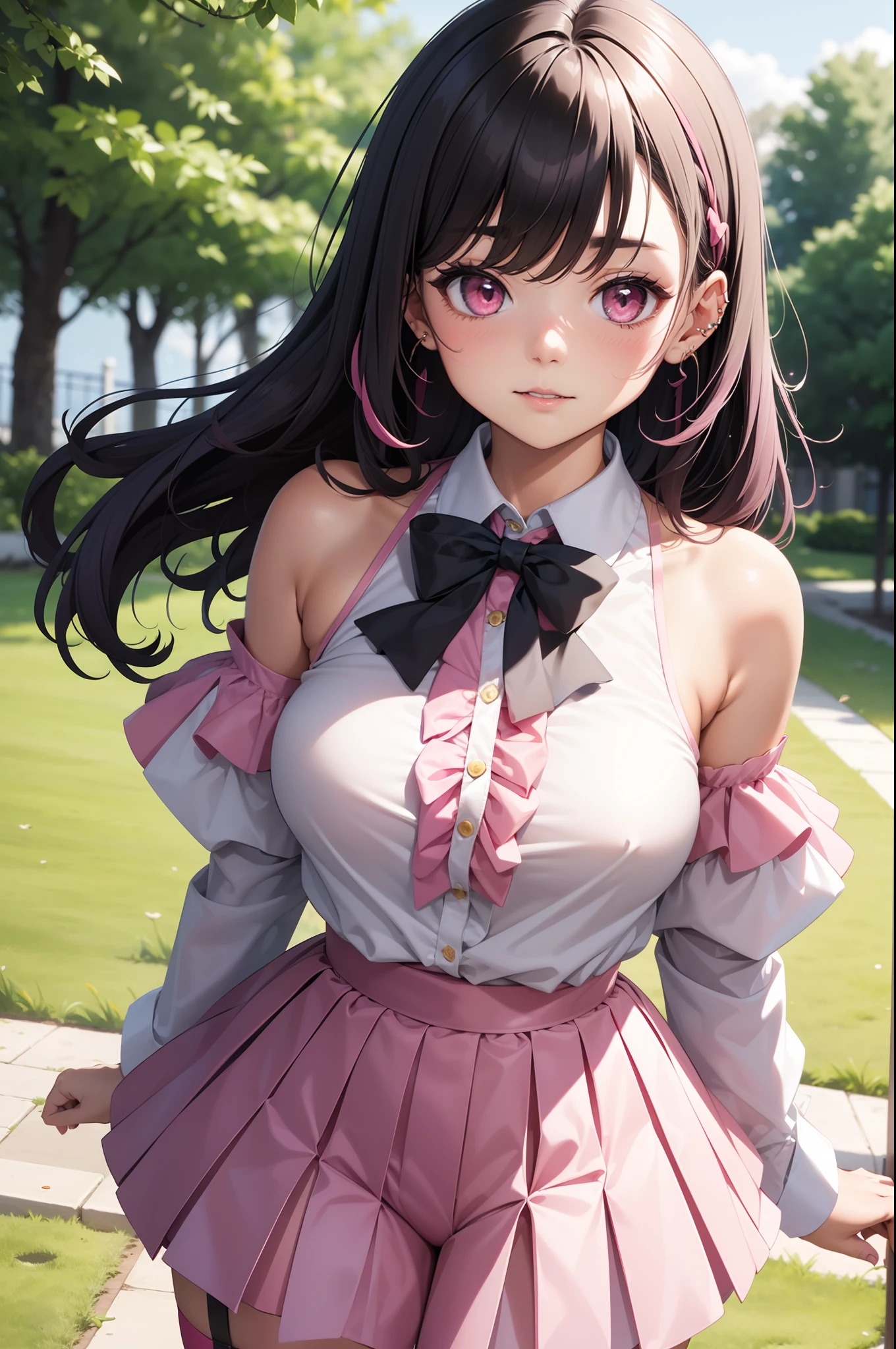 1girl, solo, jirai kei, pink top, bow tie, long hair, streaky hair, black hair, pink streaks, pink and black hair, thick lips, pink eyes, heterochromia, light smile, cowboy shot, hair clips, garter belt, fishnets outdoors, forest, flower petals, ray tracing, long sleeve shirt, miniskirt, bare shoulder, (huge breasts), realistic, hair ribbons, ear piercings, tan skin,