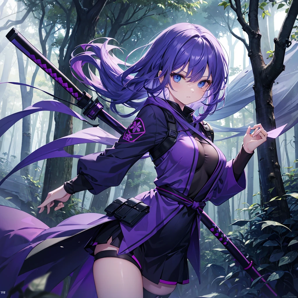 a beautiful girl with purple hair wearing ninja clothes in a forest, medium breasts, cerulean blue eyes, dark purple clothes, full body, highly detailed fingers, sfw