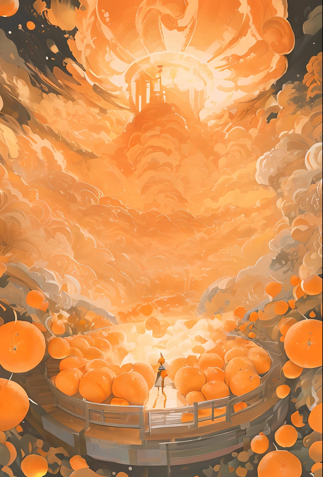 There is a painting,A pie with oranges is painted on it, Anime background art, Orange background, orange backgorund, arte de fundo, highly detailed digital painting, A beautiful artwork illustration, digital painting highly detailed, anime backgrounds, orange planet, very detailed digital painting, background artwork, orange ray, colorful anime movie background, beautiful digital painting, orange color theme, Orange mist