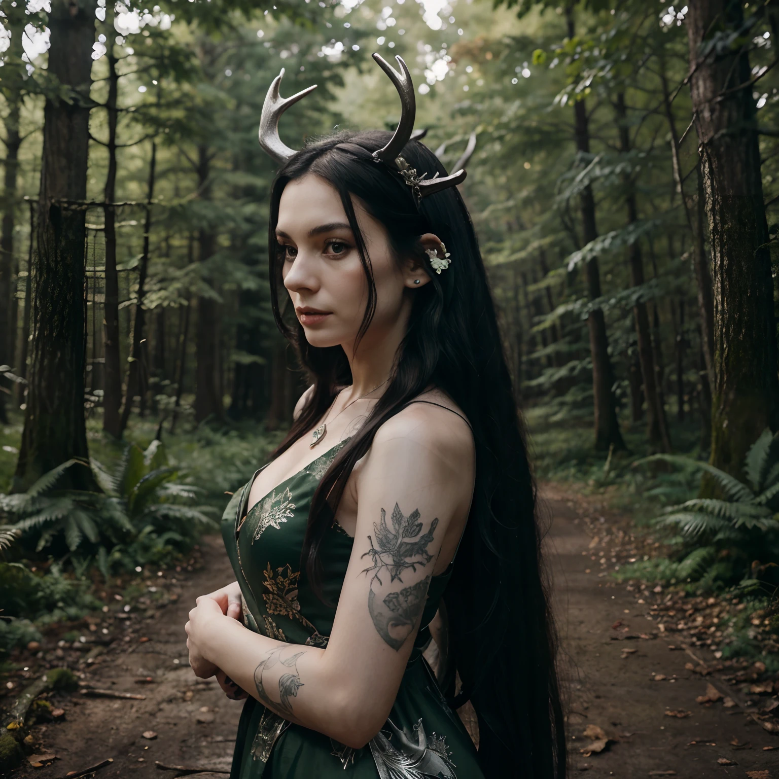 Women standing in the woods with deers around her, she has long black hair, with spiraling horns, she is very pale with dark nature tattoos, she is wearing a green dress, silver jewelry hangs from her ears and her neck