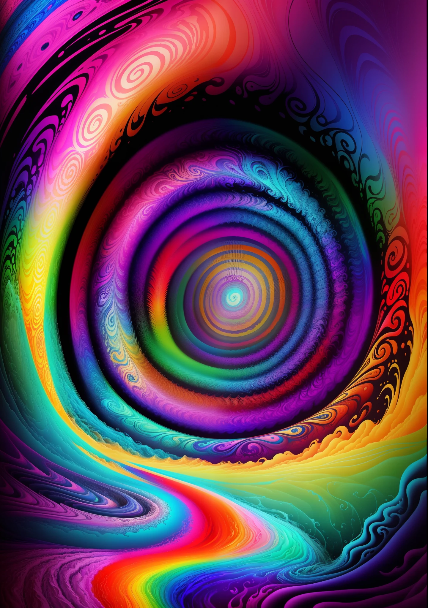 (Psychedelic painting of a wolf standing in front of a colorful whirlpool), light and shadow, waves, multilayers, foreground, distant vision, fractal Thunder Dan Mumford, Dan Mount Ford and Alex Gray style, psychedelic surreal art, surreal psychedelic design, fantasy art style, psychedelic illusion art, infinite psychedelic waves, inspired by Cyril Rolando, Real ripple structure,  psychedelic art style, psychedelic art, psychedelic illustration--V6