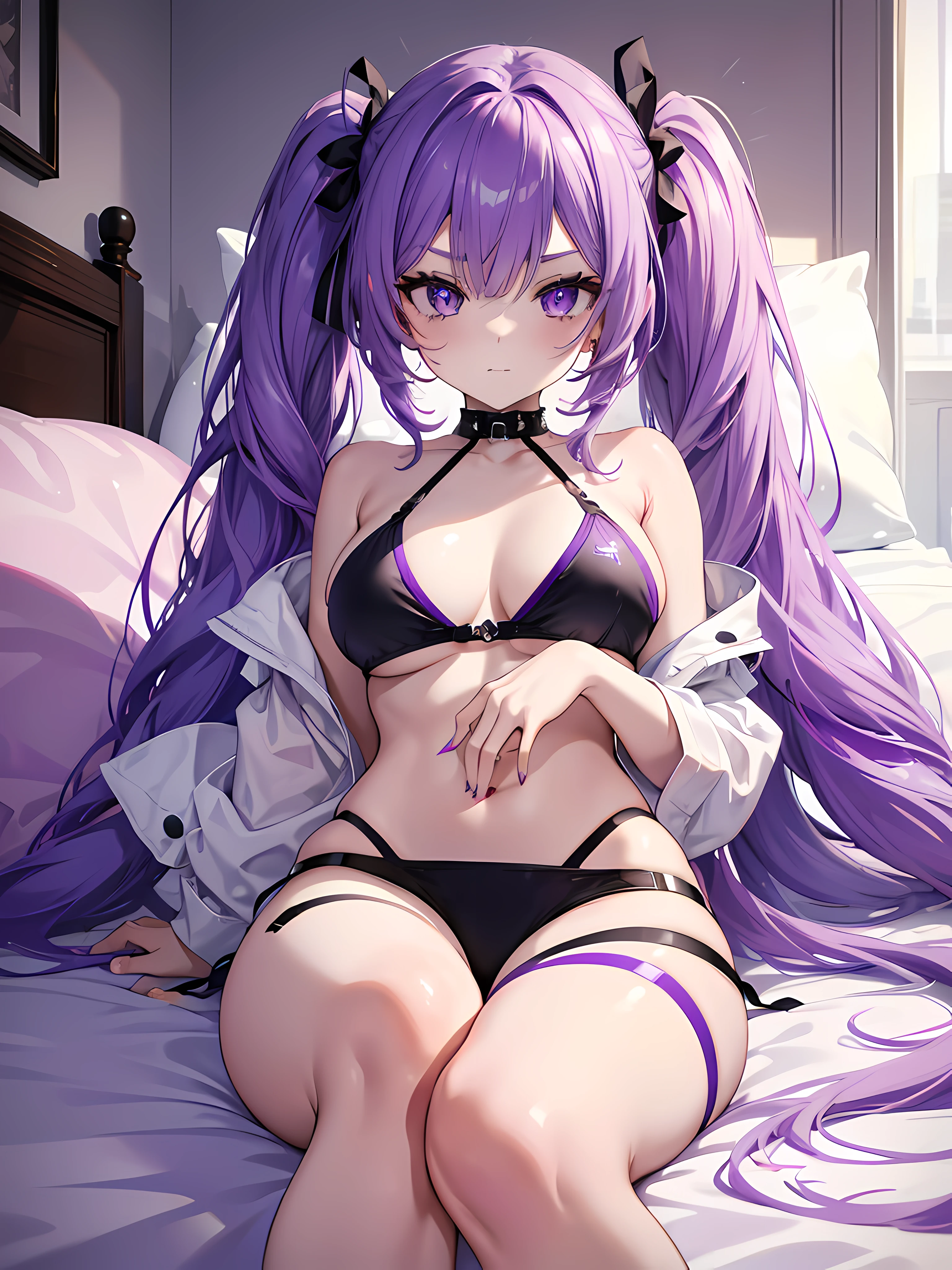 1girl, keking, long twintail purple hair, purple diamond eyes, wearing bikini, lying down on a bed, seductive expression, in a bedroom setting, gazing directly at viewer. (absurdres, high res, ultrasharp, 8K, masterpiece)