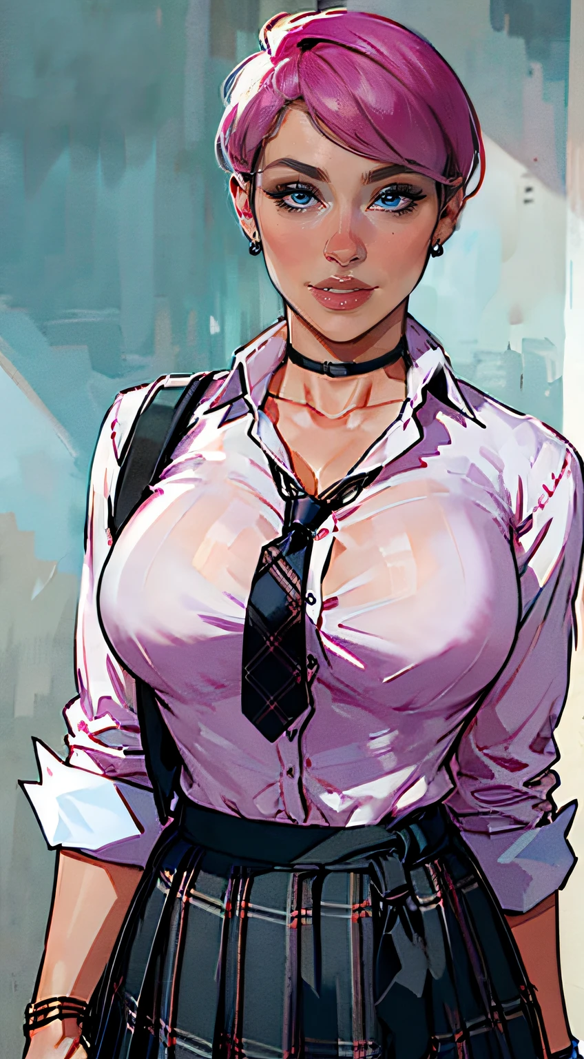 ch3rryg1g, masterpiece, best quality, 1girl, black choker, black necktie, Pink hair, short hair, pixie cut, blue skirt, blush, bracelet, clothes around waist, collarbone, open collared shirt, cowboy shot, dress shirt, ear piercing, eyebrows visible through hair, grin, gyaru, jewelry, kogal, long hair, looking at viewer, loose necktie, necktie, piercing, plaid, plaid skirt, pleated skirt, ring, school uniform, shirt, skirt, smile, solo, white shirt, fashionable, woman, outfit, posing, confident, expression,