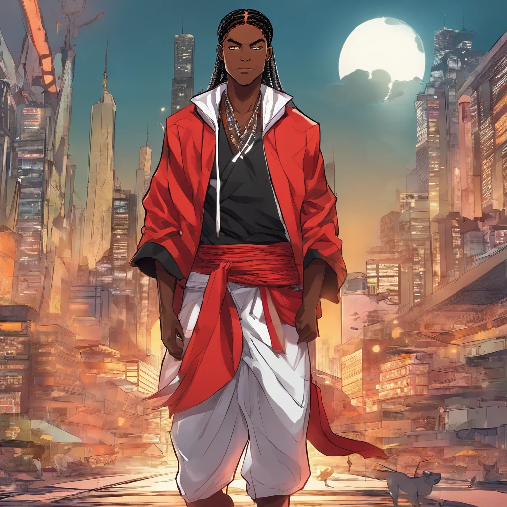 young black character, young male, anime. bleach anime style, red techwear outfit, , hero pose, long black braids with cornrows