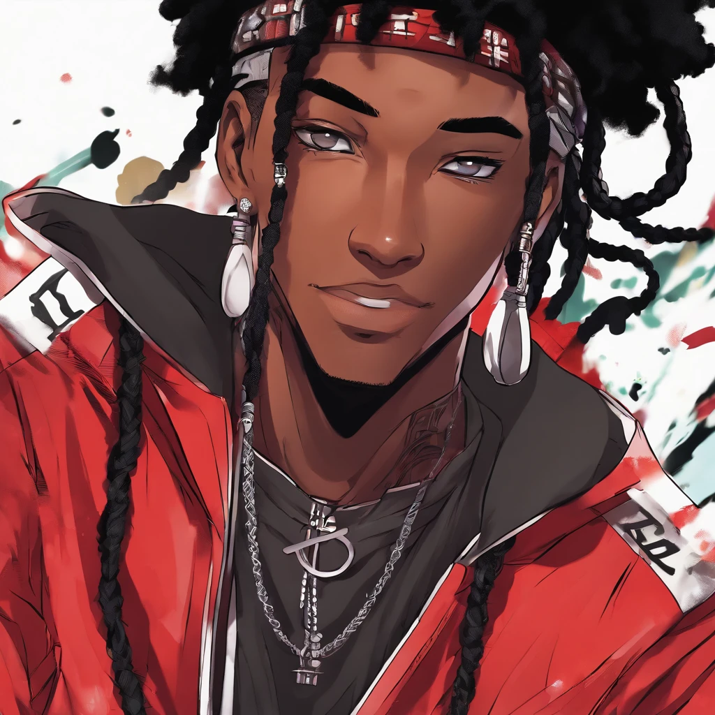young black character, young male, anime. bleach anime style, red techwear outfit, , hero pose, long black braids with cornrows