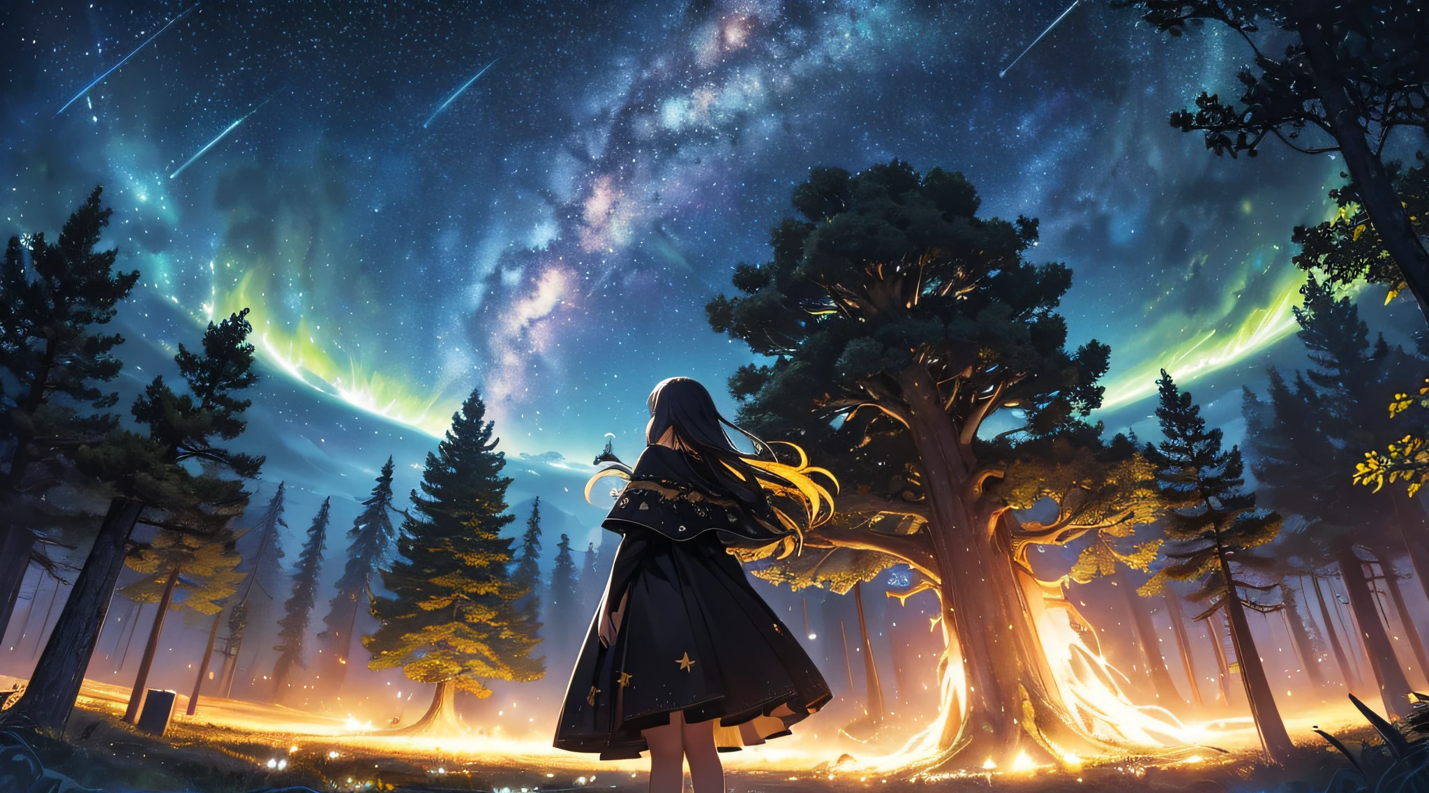 masterpiece、Background with((Fantastic starry sky、meteors、black hole))、Depth((Huge mysterious giant tree、It emits yellow light、plants))、a beauty girl、One-piece high-detail embroidery、Rear view、