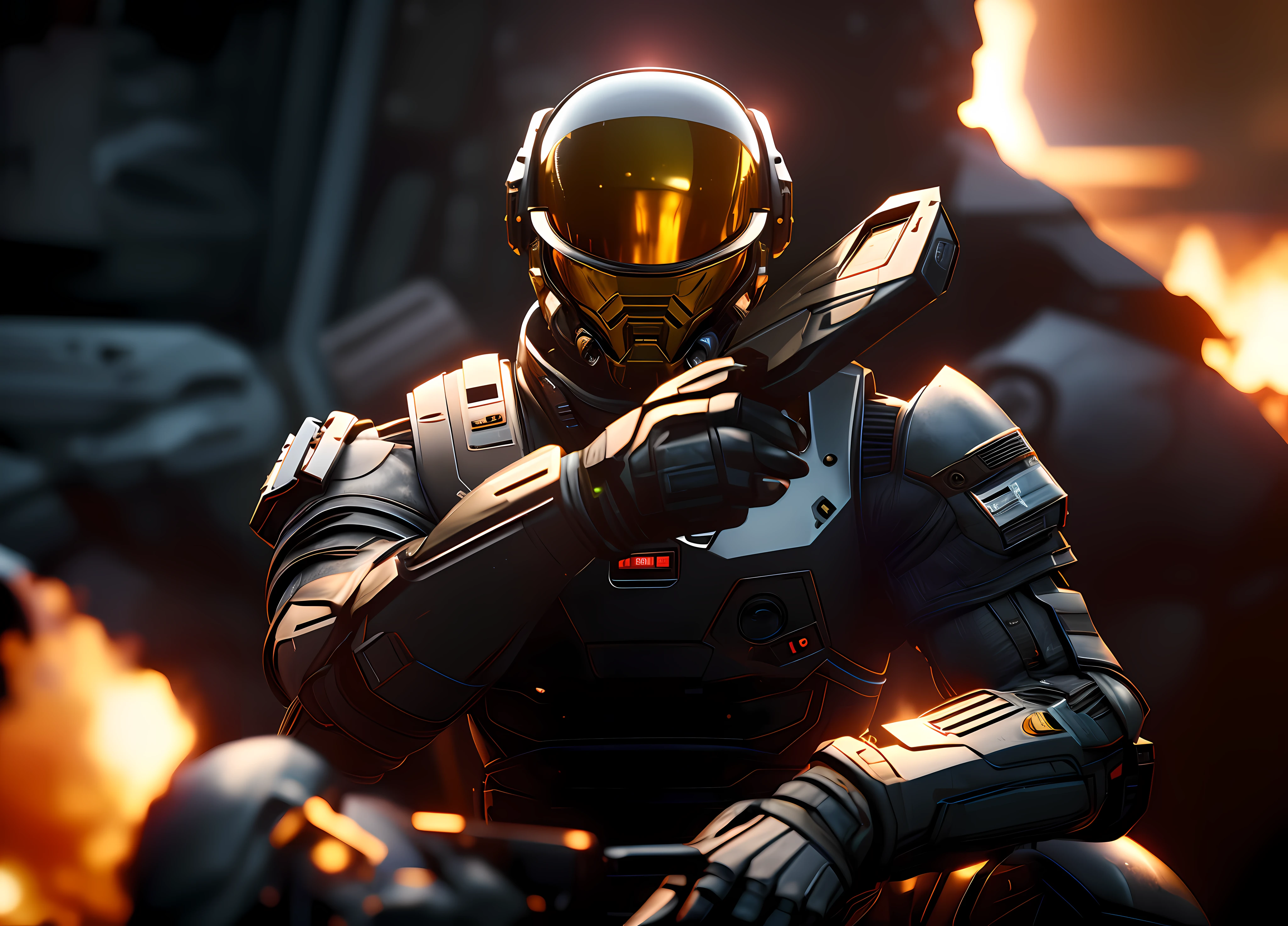 (Best quality,4K,8K,A high resolution,Masterpiece:1.2),Ultra-detailed,(Realistic,Photorealistic,photo-realistic:1.37),(illustration,concept-art:1.1),Astronaut,soldier,Helmets for shade,armored suit,Gun,Complex glowing mech armor,Detailed fuel rendering,Black fuel rendering,Screenshot of Cod,Doomsday Assassin,Sentinel guns,the god of war,Space Soldier,Fine fuel refining,Cinematic fuel rendering,slideshow
